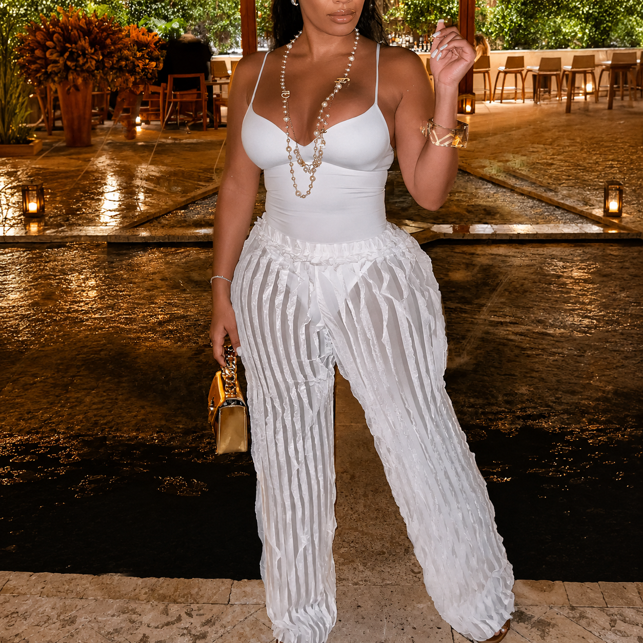 Backless Bodysuit And Frilled Pants Set For Women