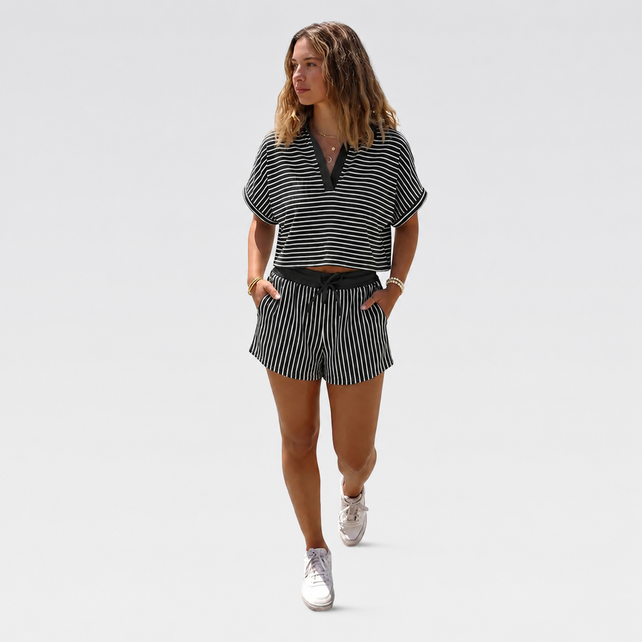 2 Pieces Short Sleeve Striped Matching Set For Women