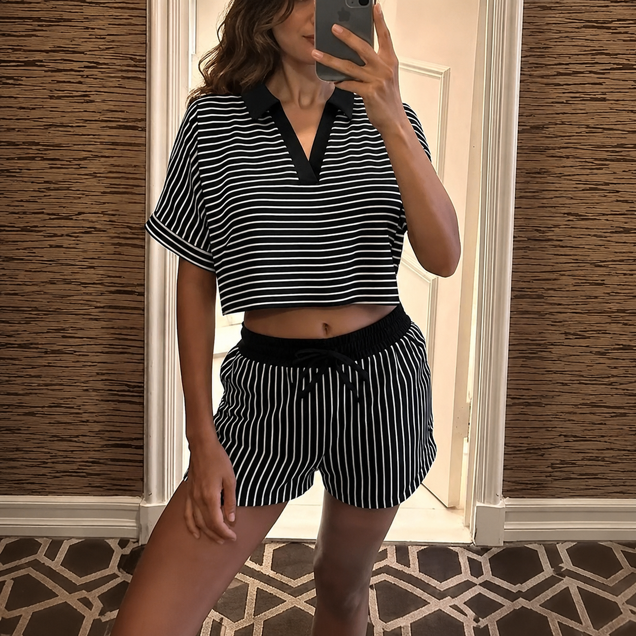 2 Pieces Short Sleeve Striped Matching Set For Women