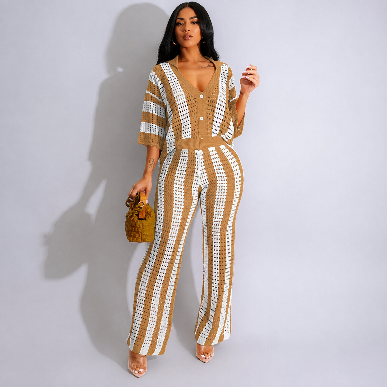 2 Pieces Button Front Top And Pants Set For Women