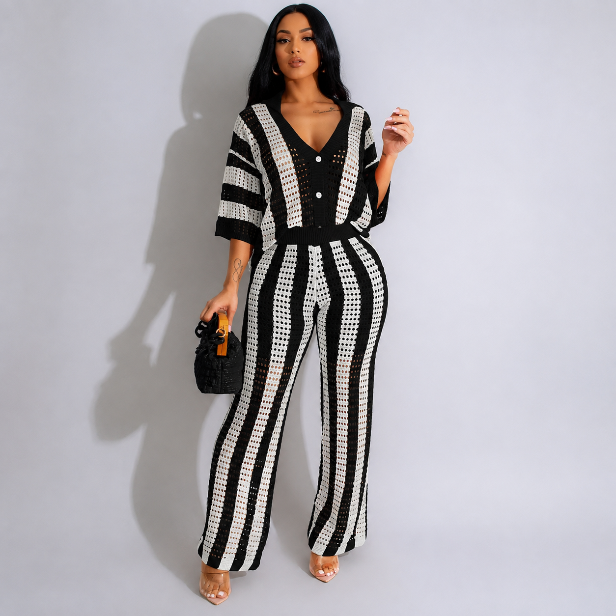 2 Pieces Button Front Top And Pants Set For Women