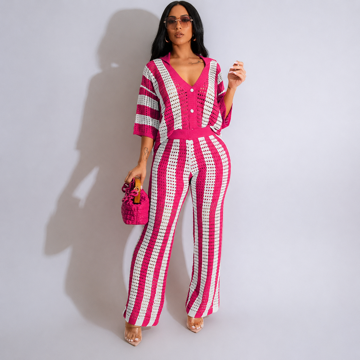 2 Pieces Button Front Top And Pants Set For Women