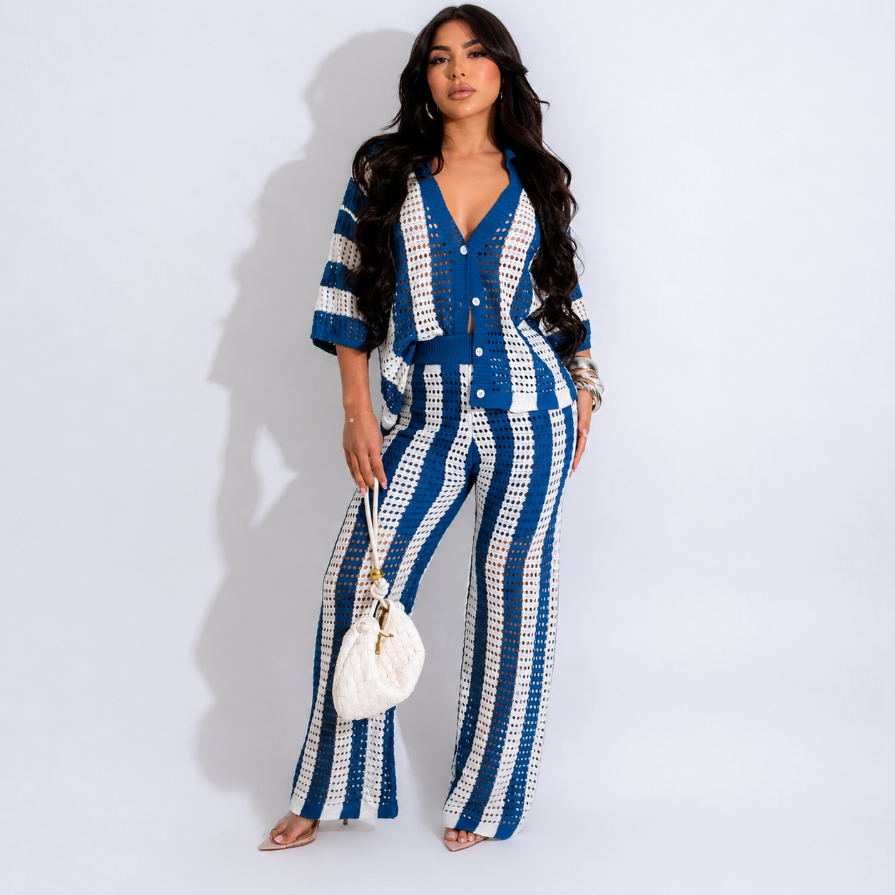 2 Pieces Button Front Top And Pants Set For Women