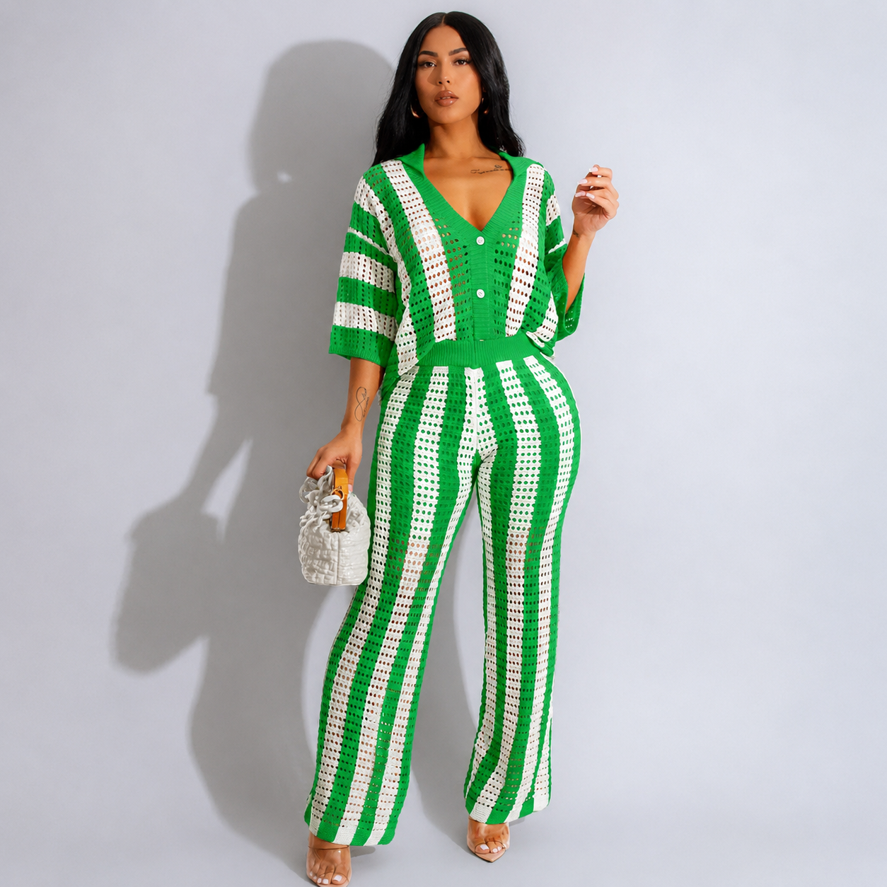2 Pieces Button Front Top And Pants Set For Women