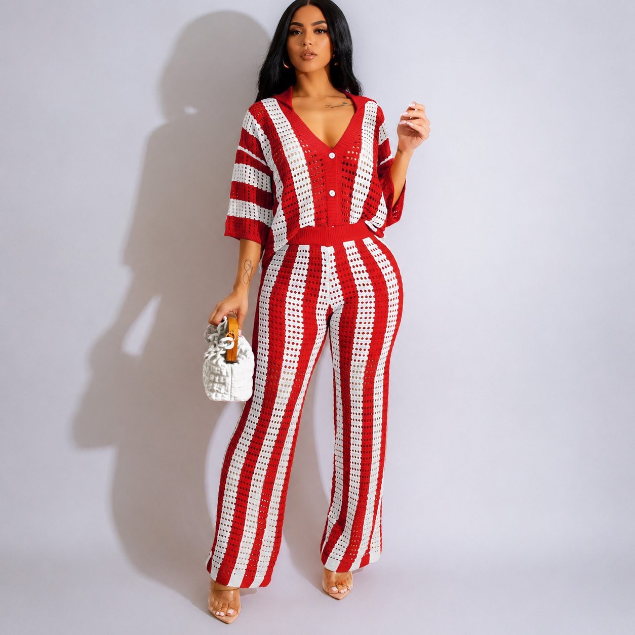 2 Pieces Button Front Top And Pants Set For Women