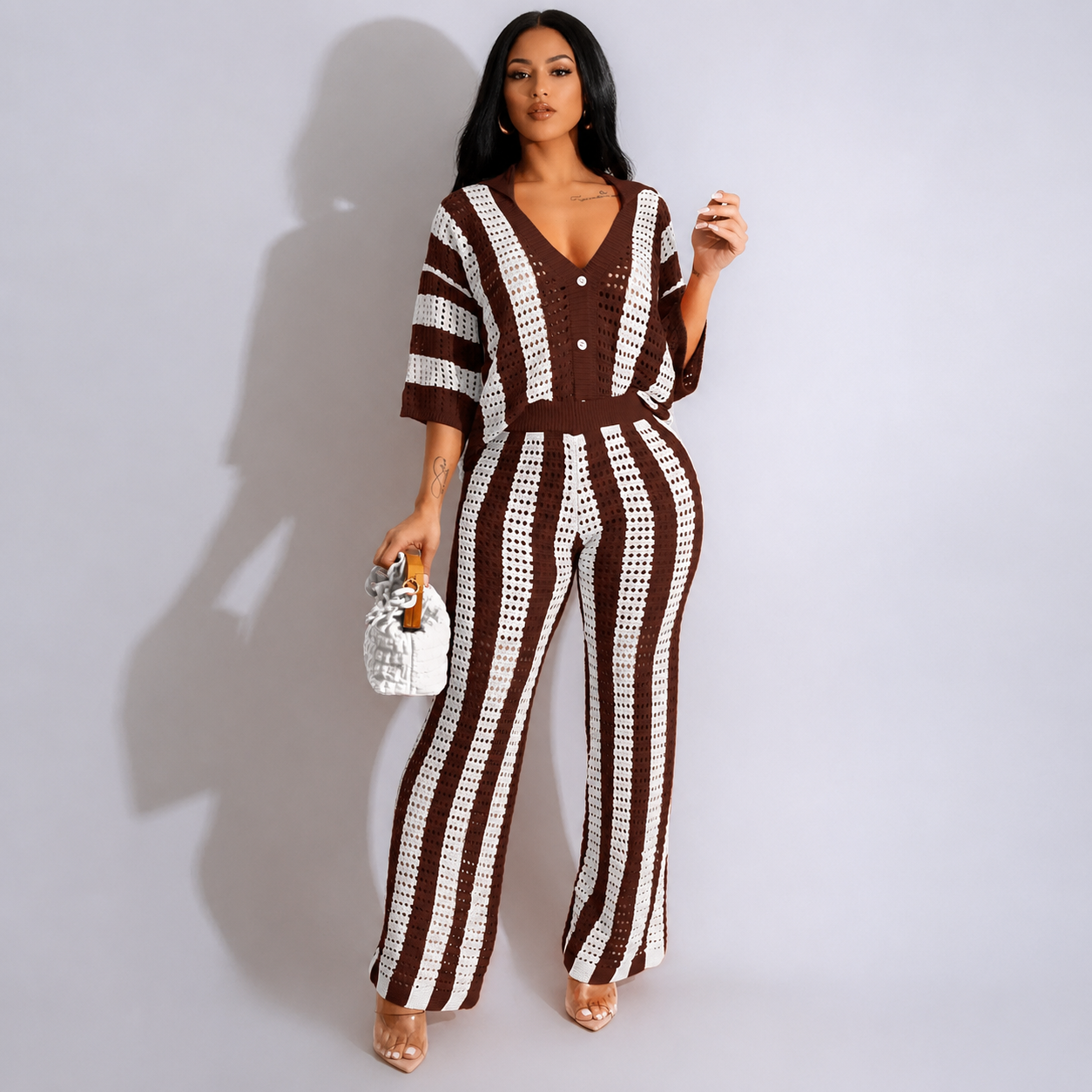 2 Pieces Button Front Top And Pants Set For Women