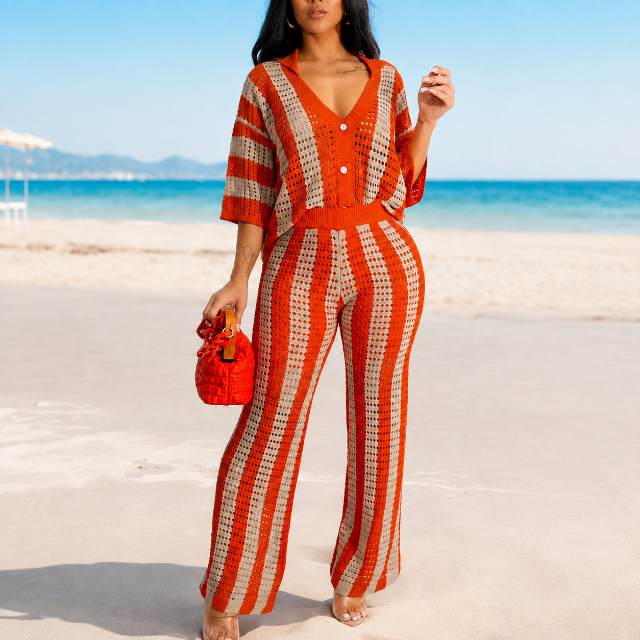 2 Pieces Button Front Top And Pants Set For Women