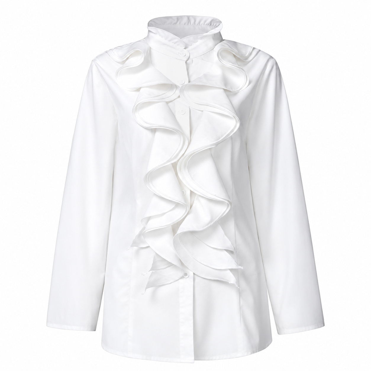 Ruffle Trim Button Front Long Sleeve Top with Tailored Workwear Style for Women