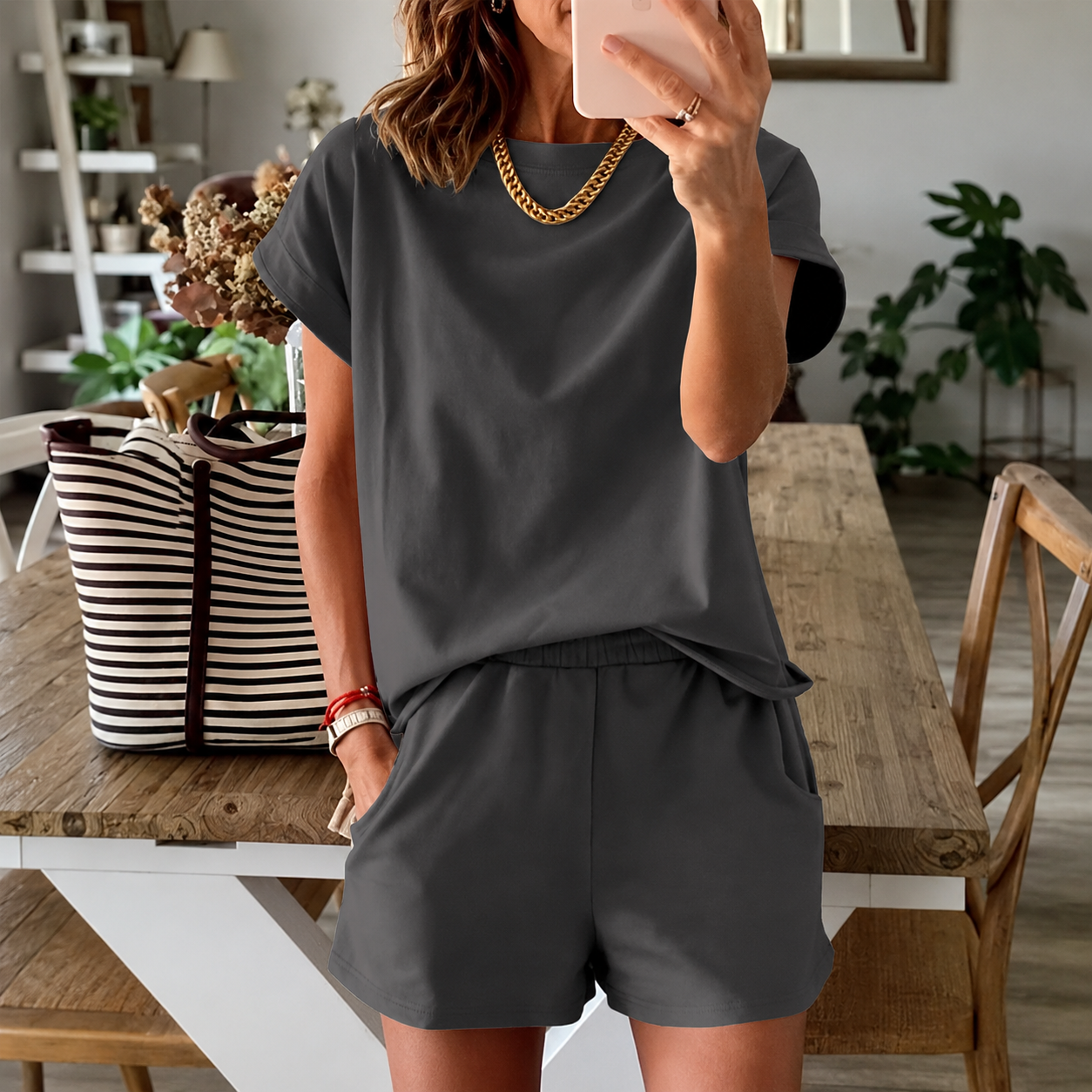 2 Pieces Slim Fit Top And Shorts Set For Women