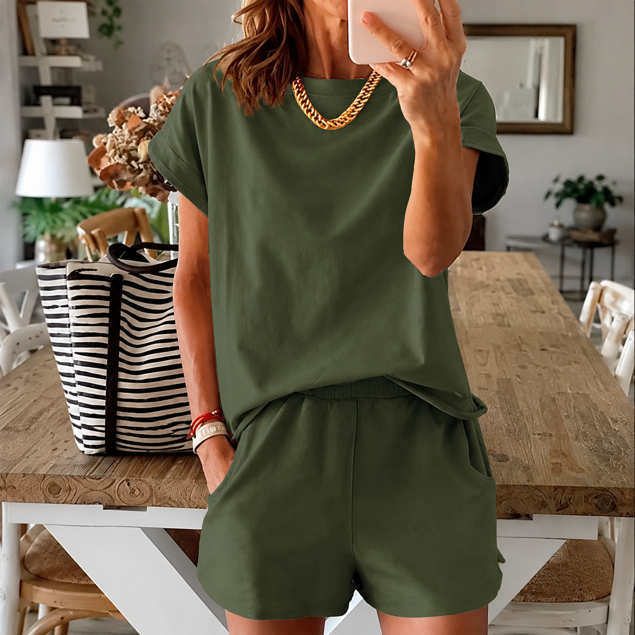 2 Pieces Slim Fit Top And Shorts Set For Women