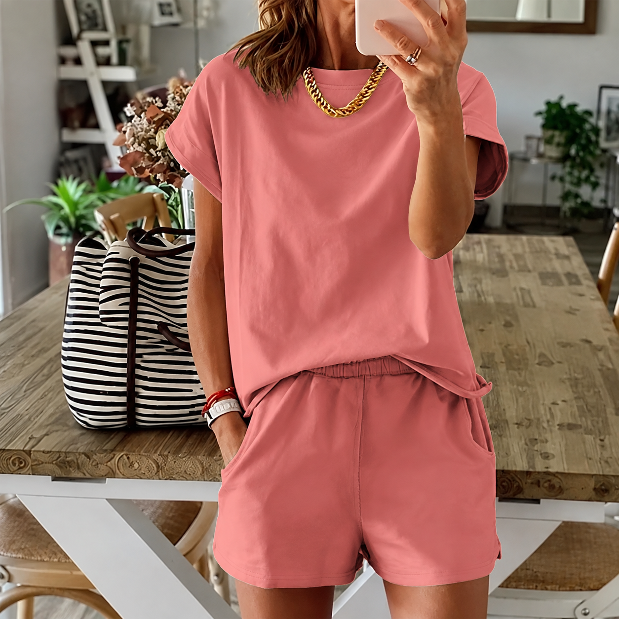 2 Pieces Slim Fit Top And Shorts Set For Women