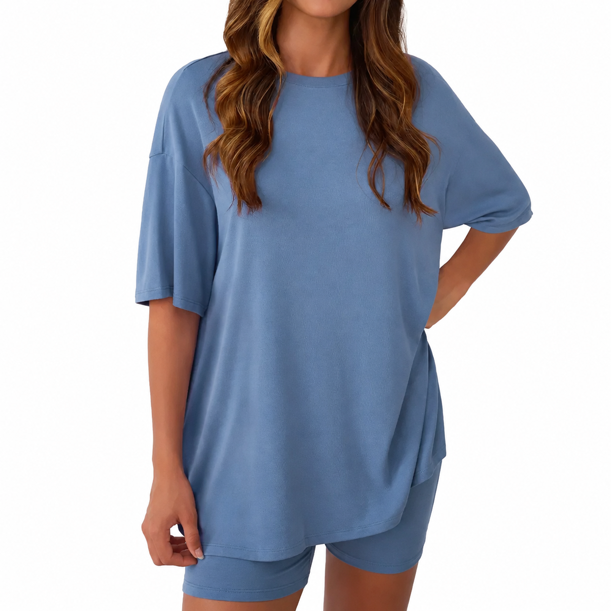 2 Pieces Oversized Shirt And Biker Shorts Set For Women