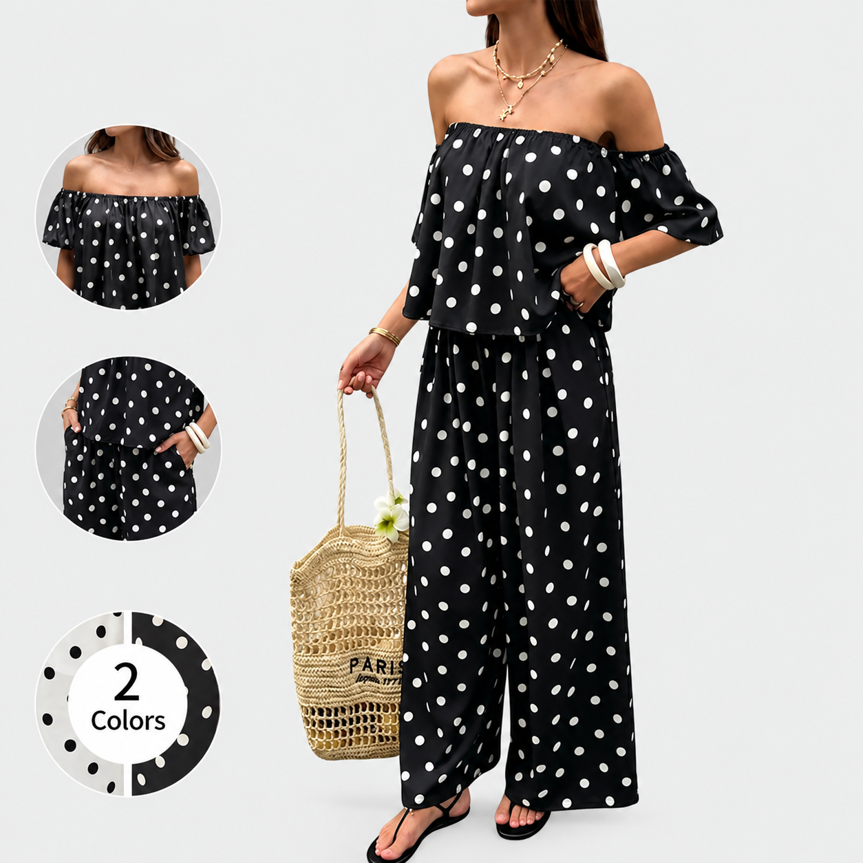 Polka Top Seam Pants Outfit Set For Women