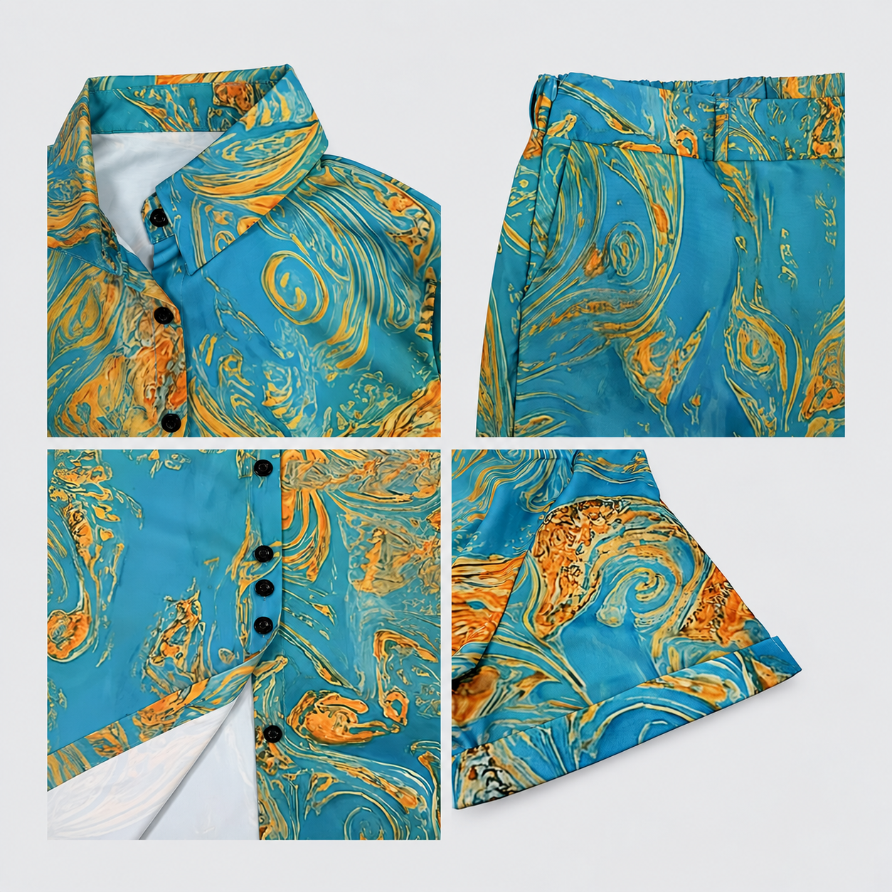Casual Printed Collared Shirt Top And Straight Pants Two Piece Matching Set With Pockets For Women