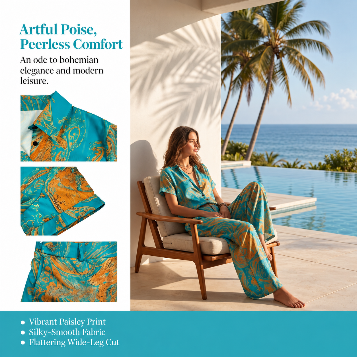 Casual Printed Collared Shirt Top And Straight Pants Two Piece Matching Set With Pockets For Women