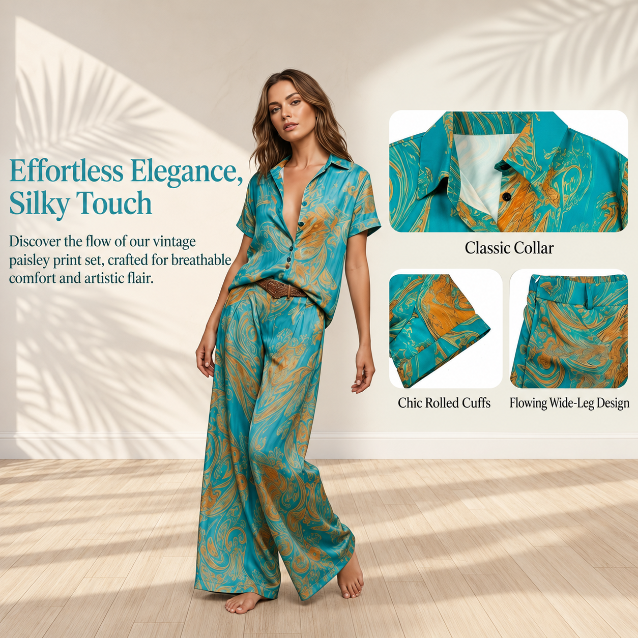 Casual Printed Collared Shirt Top And Straight Pants Two Piece Matching Set With Pockets For Women