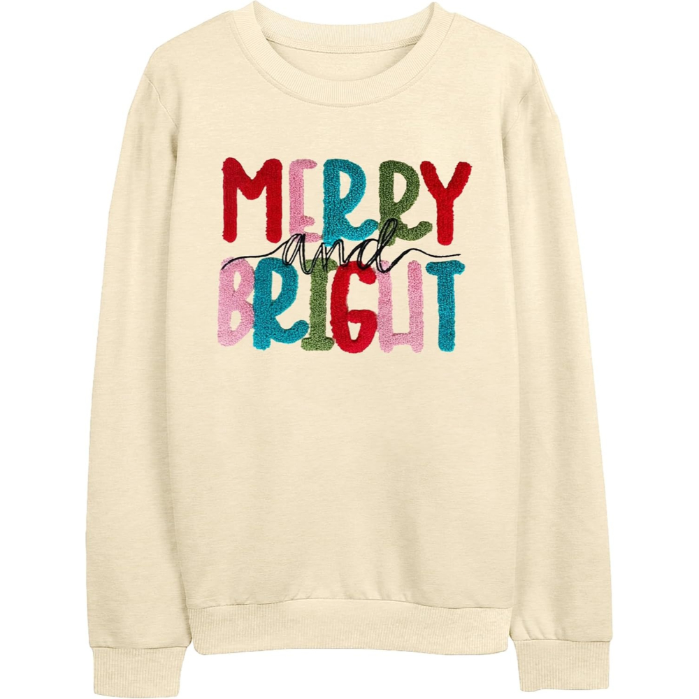 Christmas Sweatshirts With Merry And Bright Holiday Print For Women