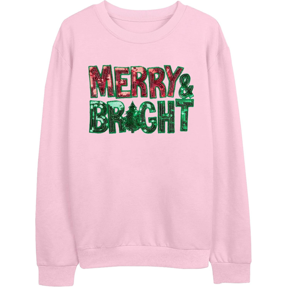 Christmas Sweatshirts With Merry And Bright Holiday Print For Women