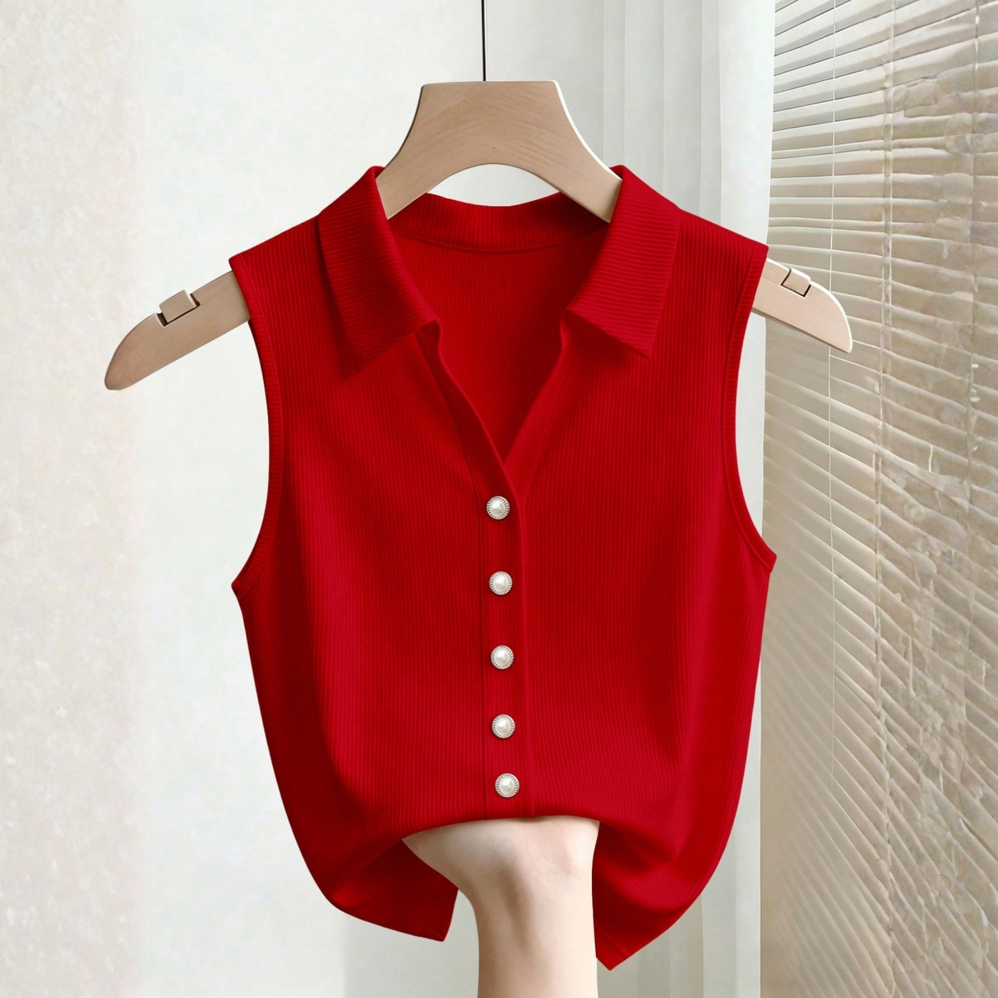 Classy Pearl Button Sleeveless Polo Tank Top