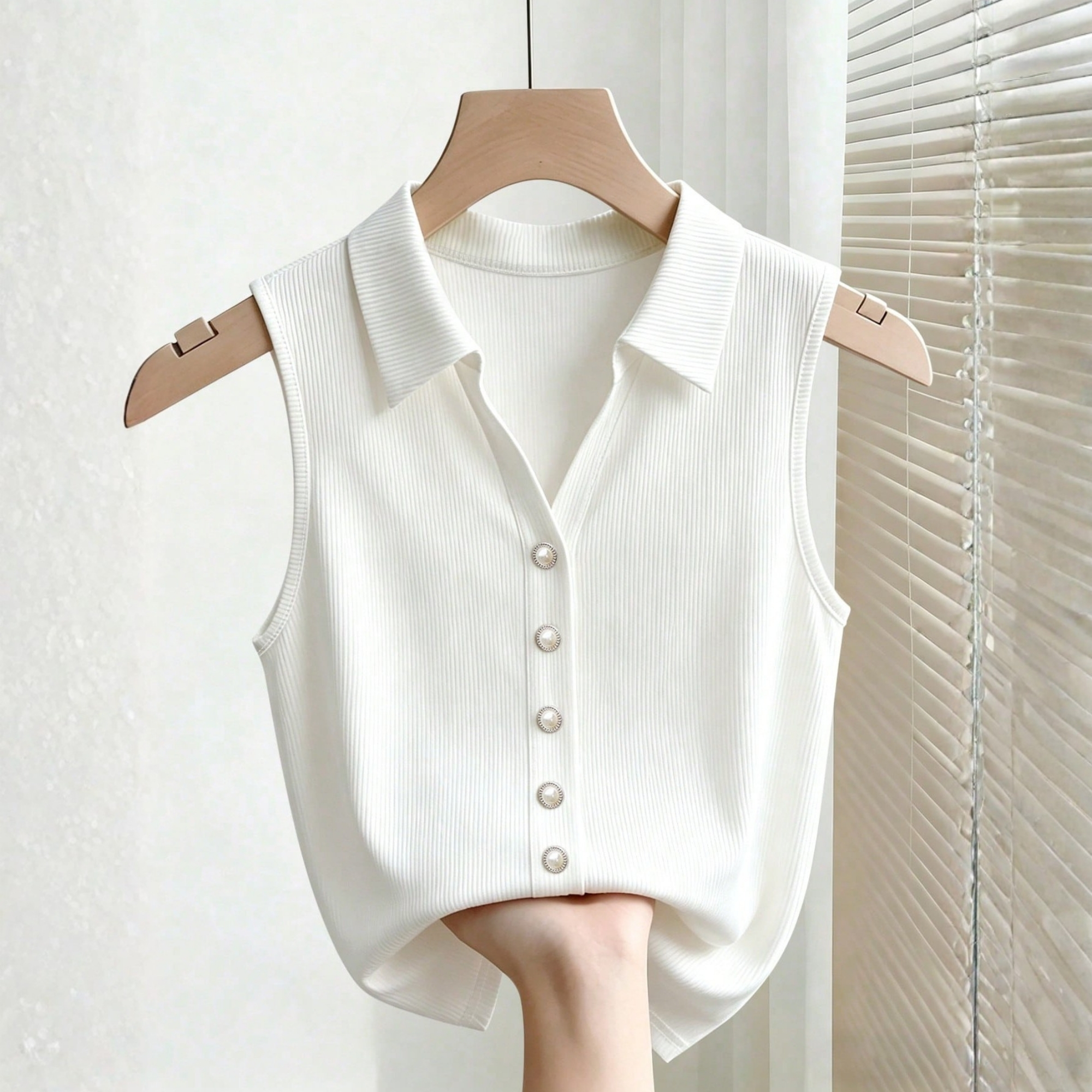 Classy Pearl Button Sleeveless Polo Tank Top