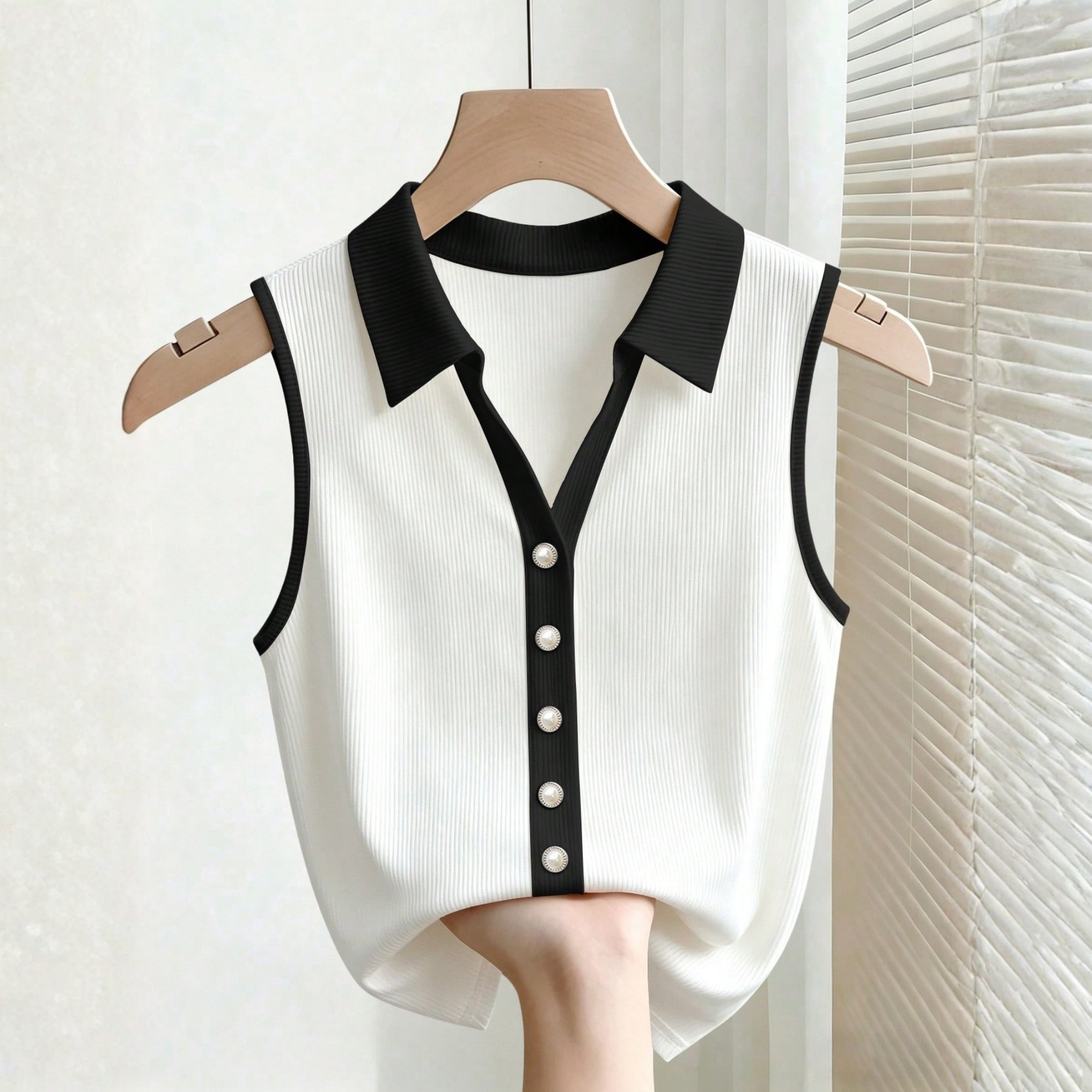 Classy Pearl Button Sleeveless Polo Tank Top