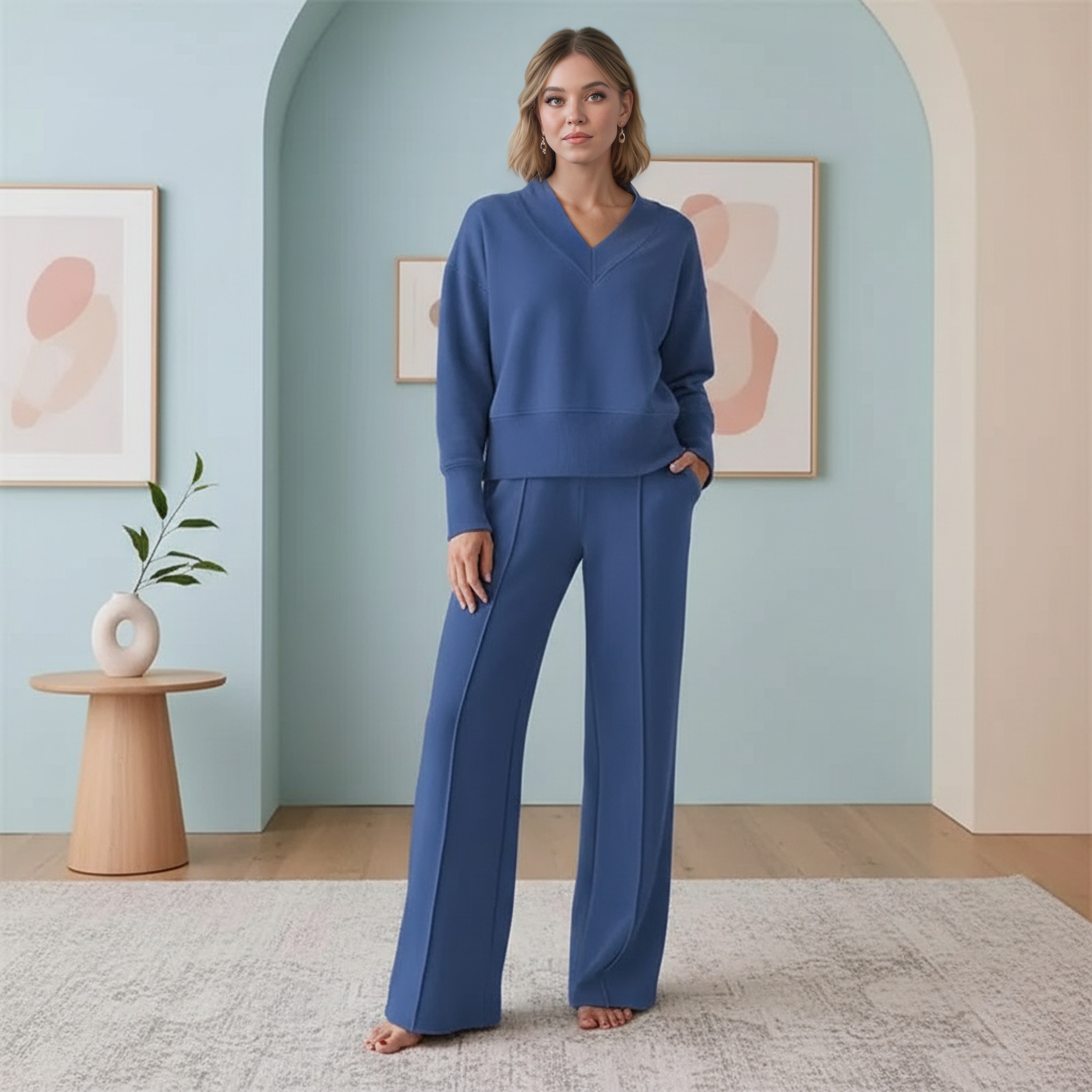 Comfy V Shape Lounge Set With Wide Fit PantsComfy V Shape Lounge Set With Wide Fit Pants - Image 3