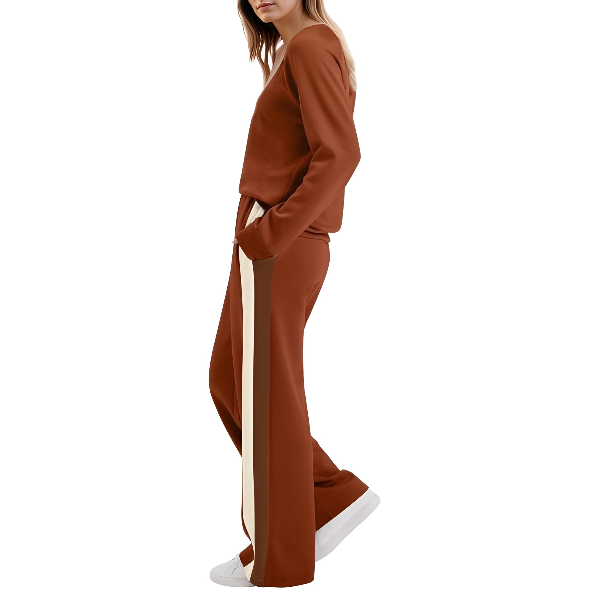 Two Piece Lounge Sweatsuit Set With Long Sleeve Top And Matching Pants For Women