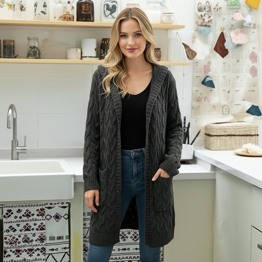 Long Knit Cardigan With Open Front And Pocket Design For Women