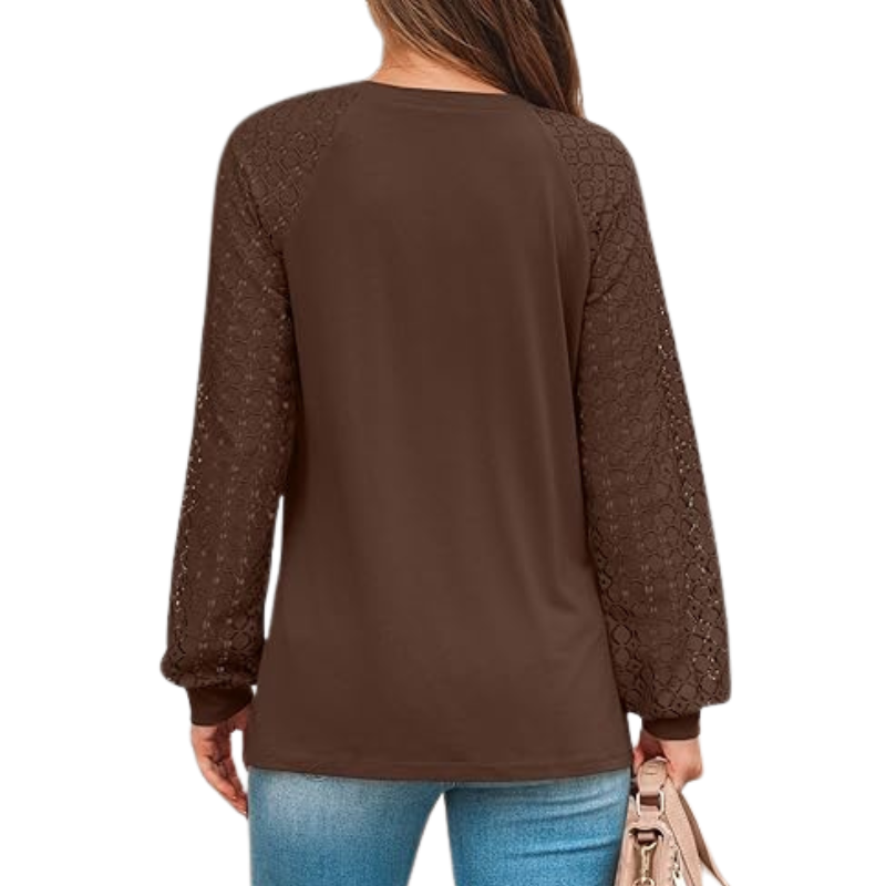 Long Sleeve Tops With Pleated Front And Lace Detail For Women