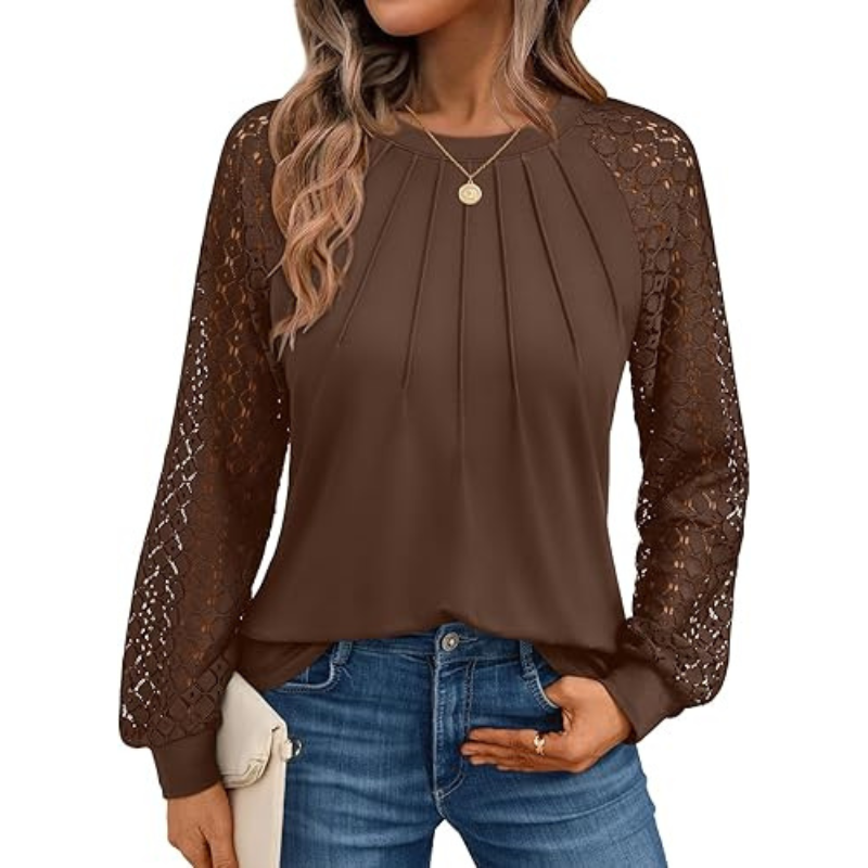 Long Sleeve Tops With Pleated Front And Lace Detail For Women