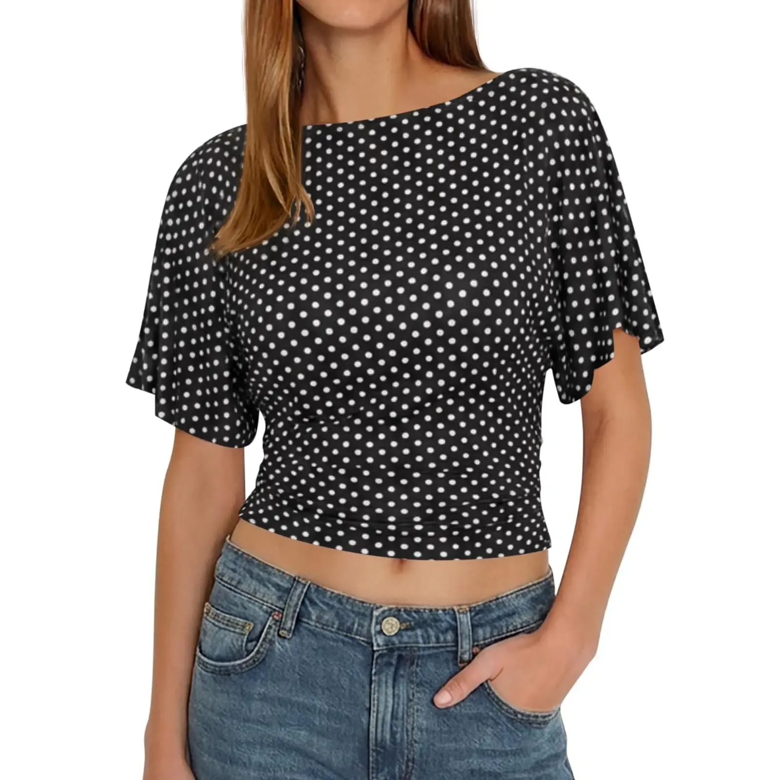 Dots Printed Casual Short Sleeve Wrap Top With Tie Back Detail For Women