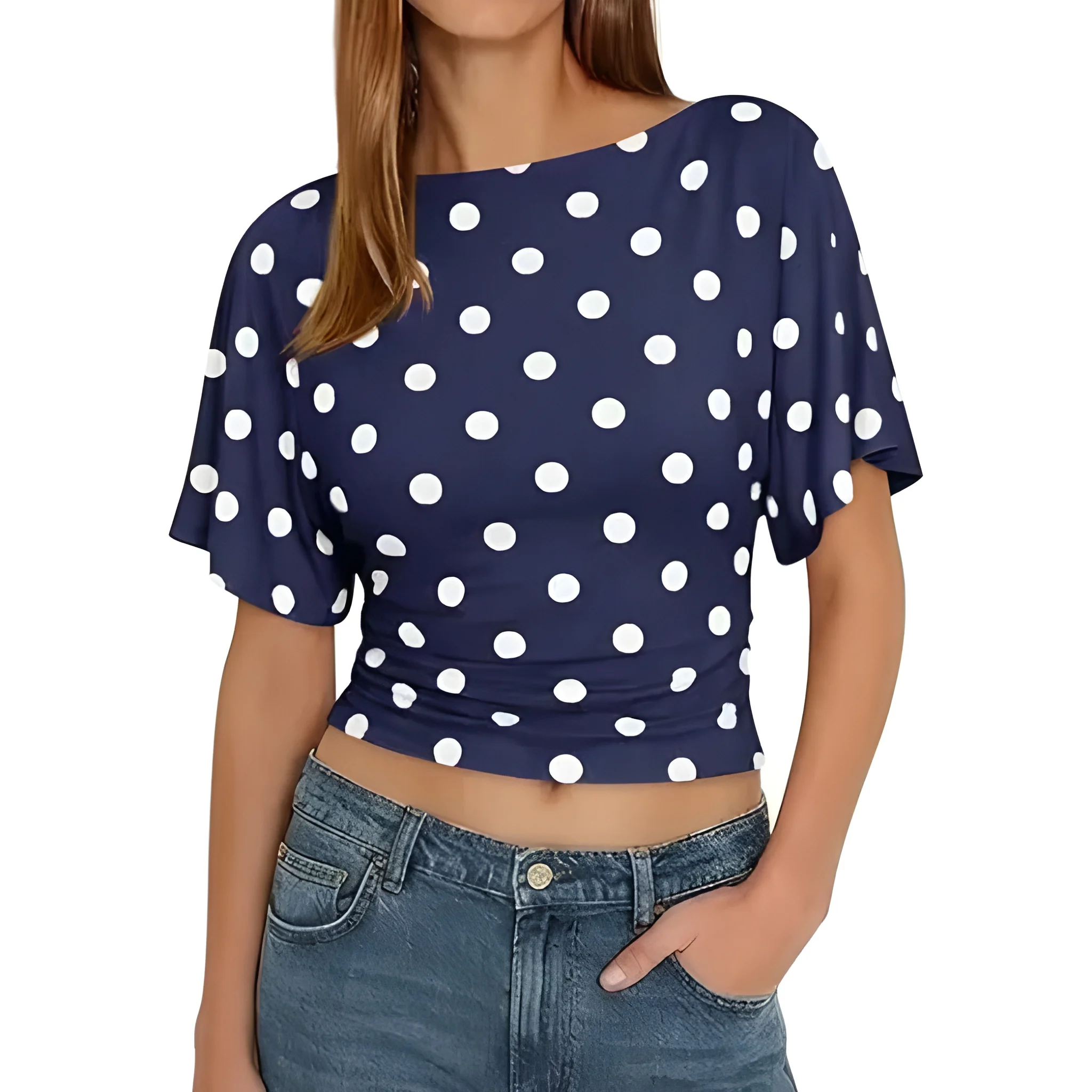 Dots Printed Casual Short Sleeve Wrap Top With Tie Back Detail For Women