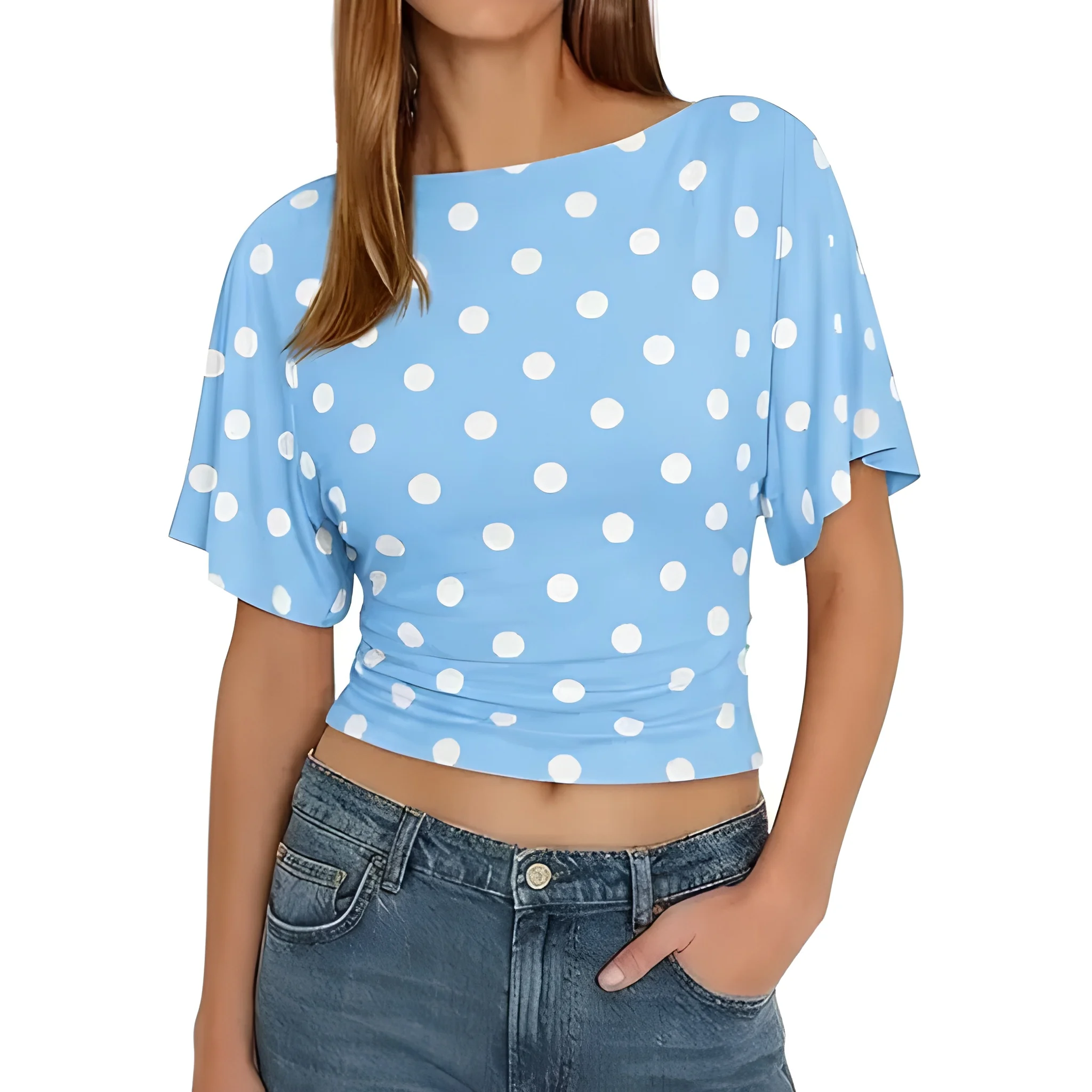 Dots Printed Casual Short Sleeve Wrap Top With Tie Back Detail For Women