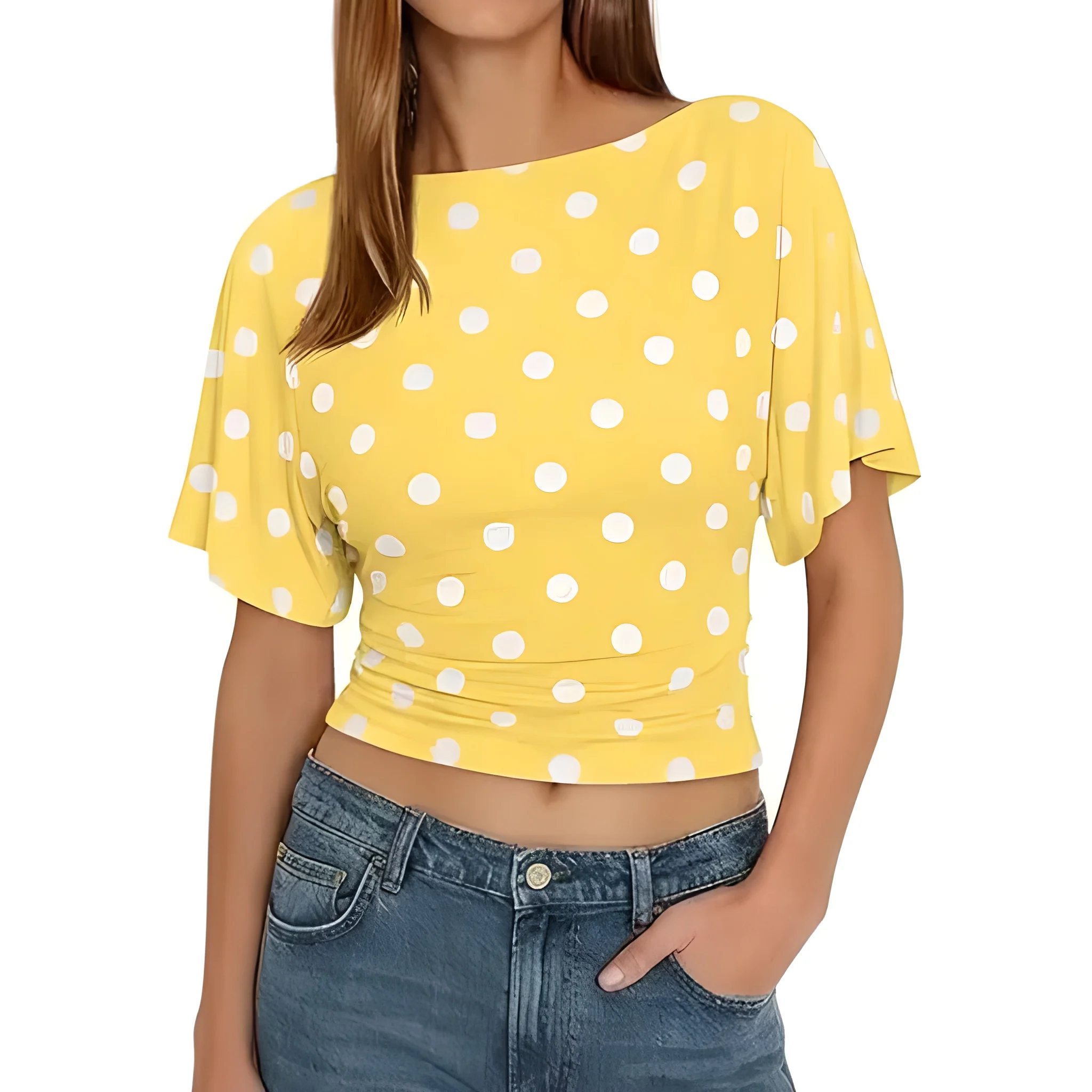 Dots Printed Casual Short Sleeve Wrap Top With Tie Back Detail For Women
