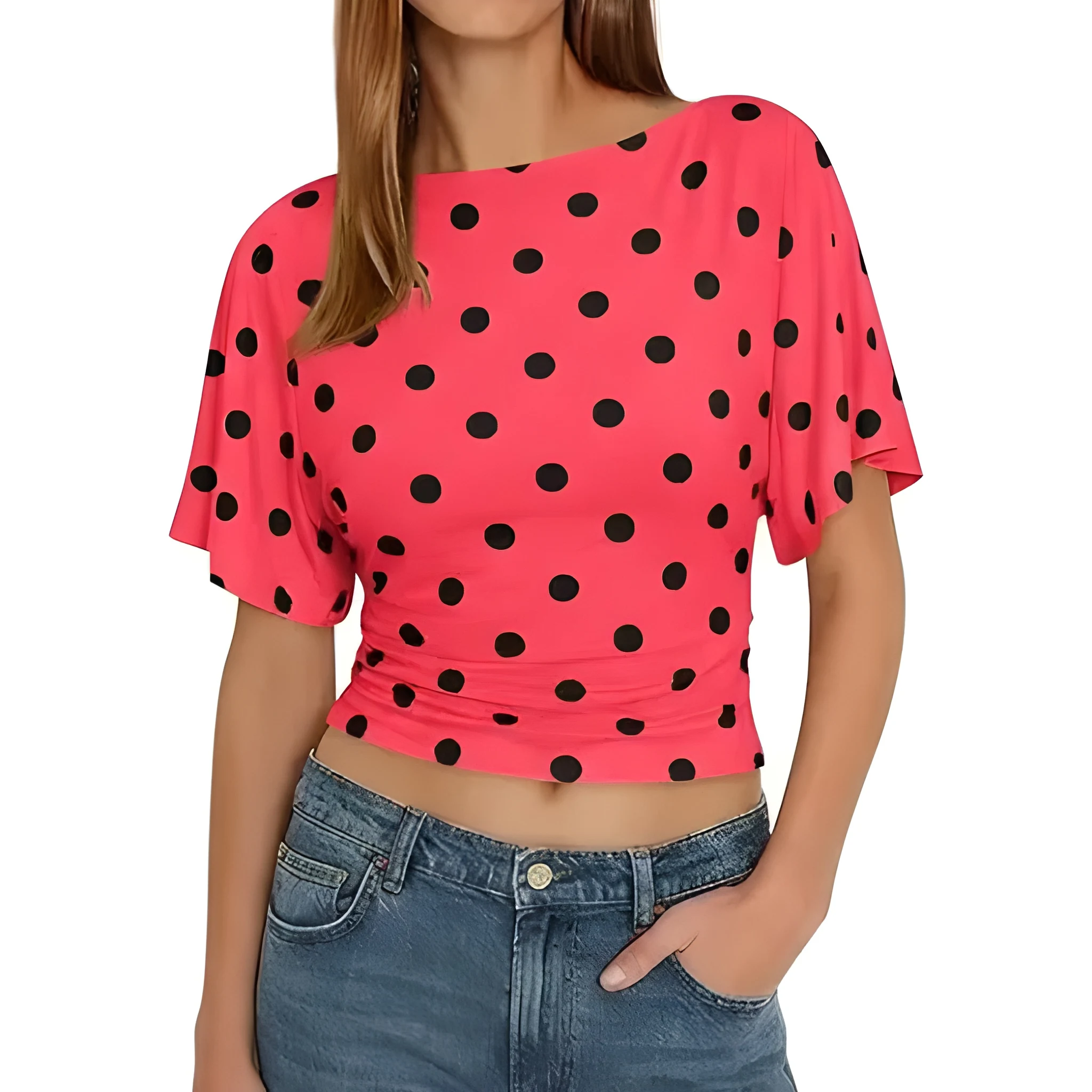 Dots Printed Casual Short Sleeve Wrap Top With Tie Back Detail For Women