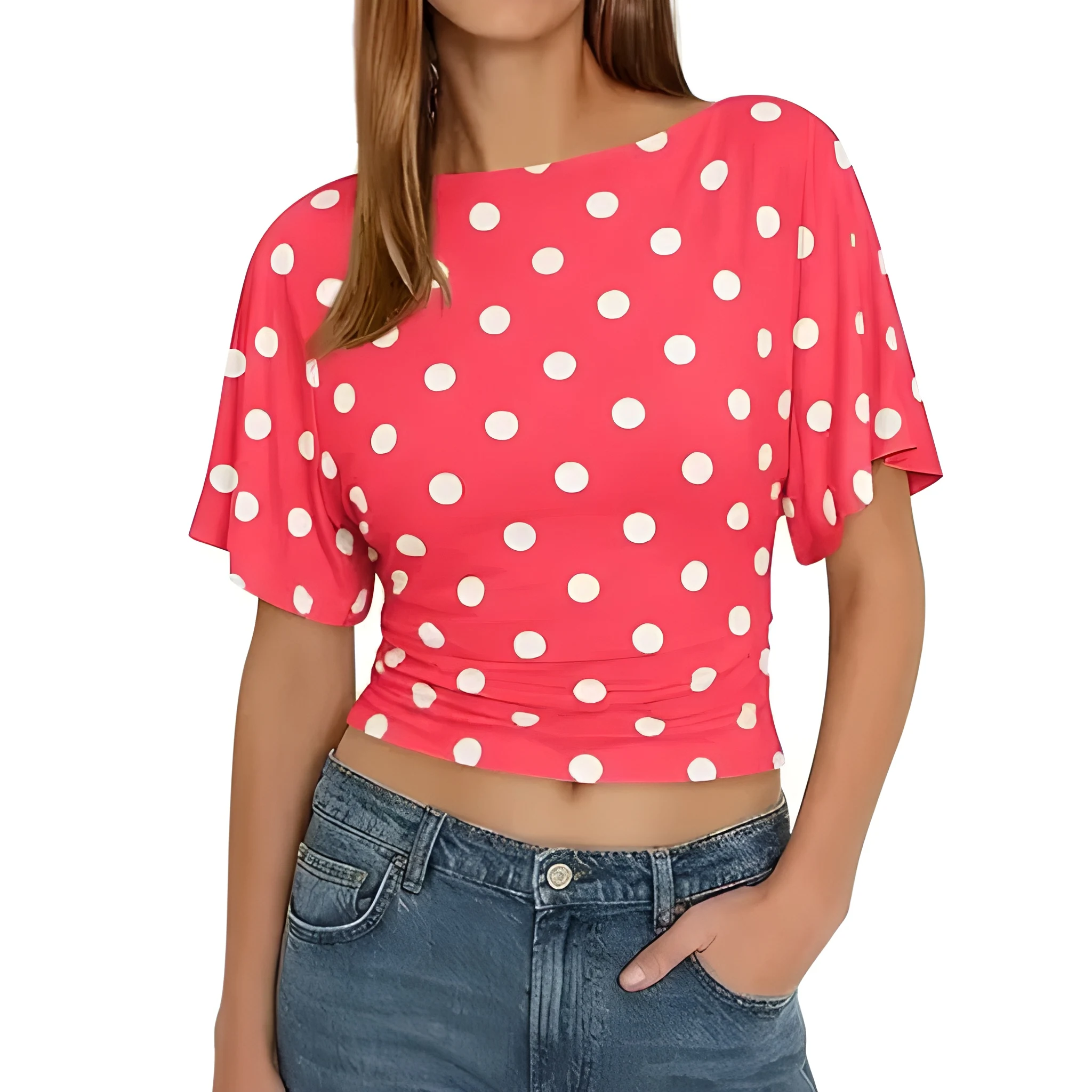 Dots Printed Casual Short Sleeve Wrap Top With Tie Back Detail For Women