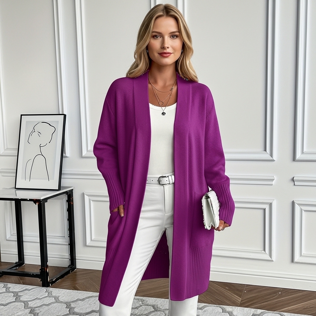 Long Length Cardigan With Long Sleeves And Open Front For Women