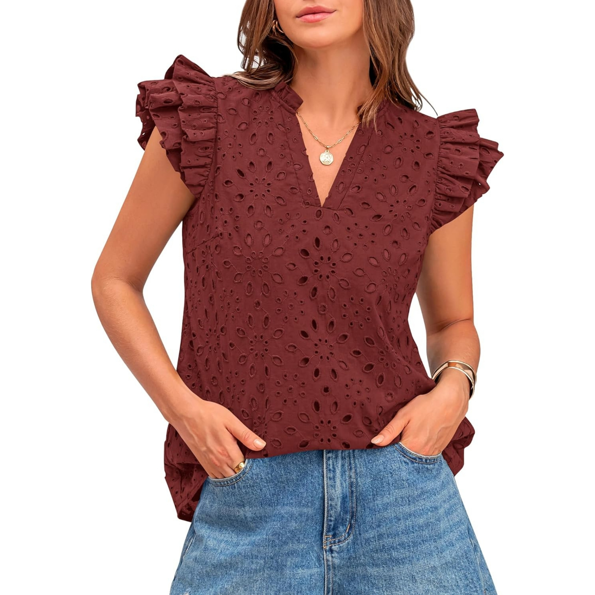 Embroidered Eyelet Tops Ruffle Sleeve Everyday Casual Style