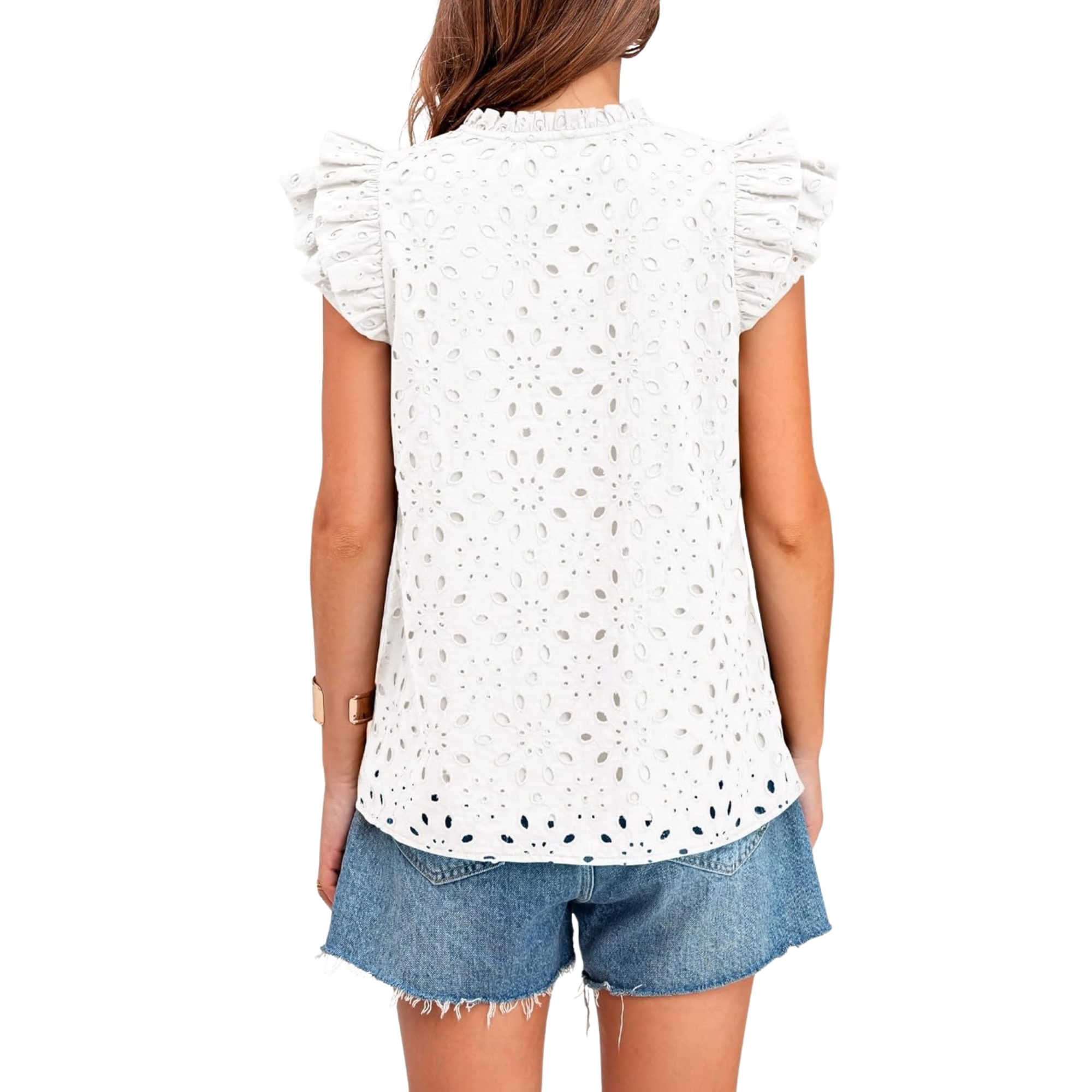Embroidered Eyelet Tops Ruffle Sleeve Everyday Casual Style