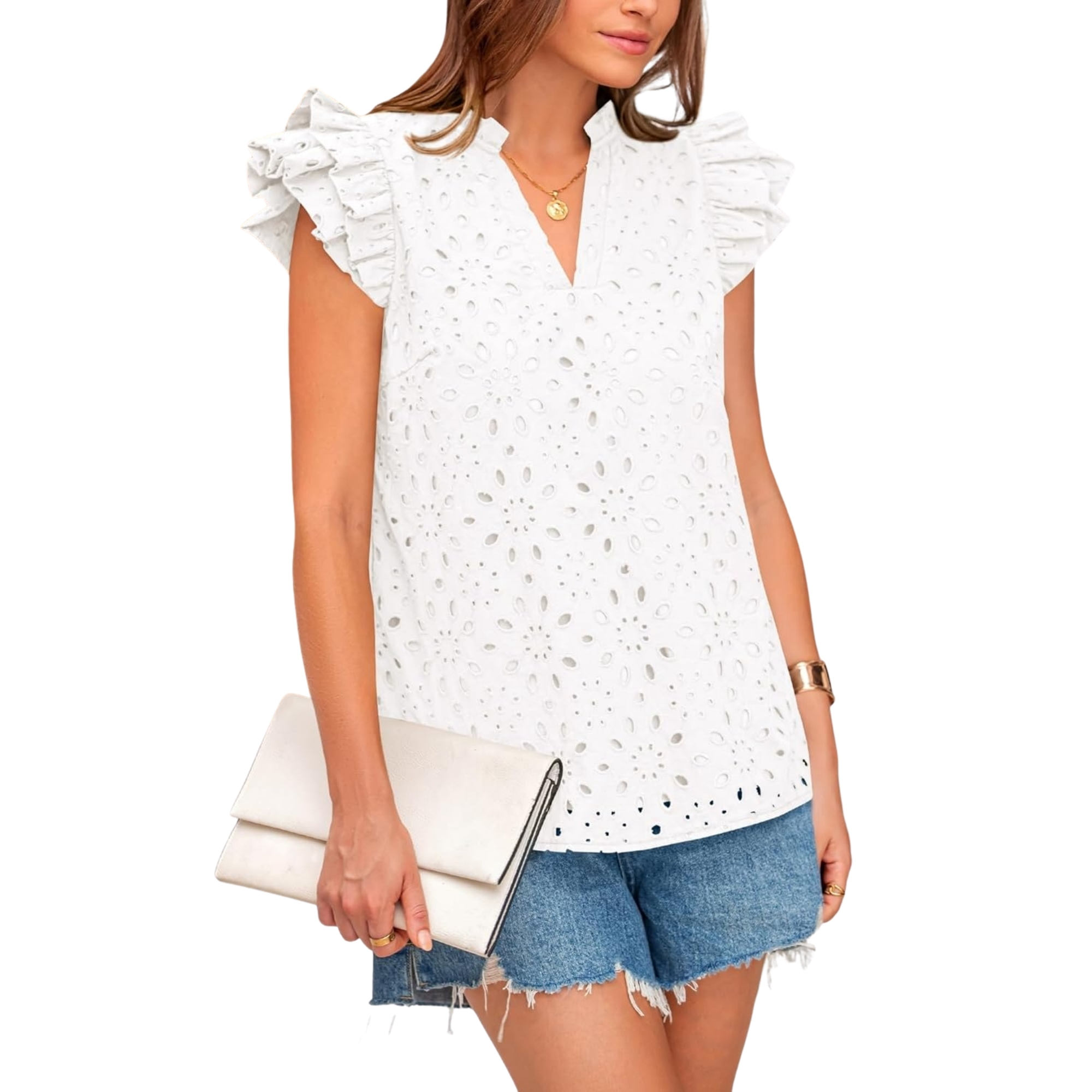 Embroidered Eyelet Tops Ruffle Sleeve Everyday Casual Style