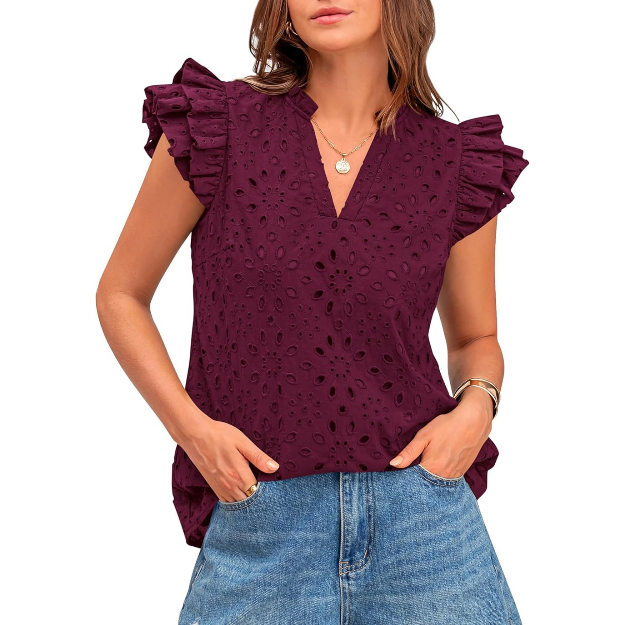 Embroidered Eyelet Tops Ruffle Sleeve Everyday Casual Style