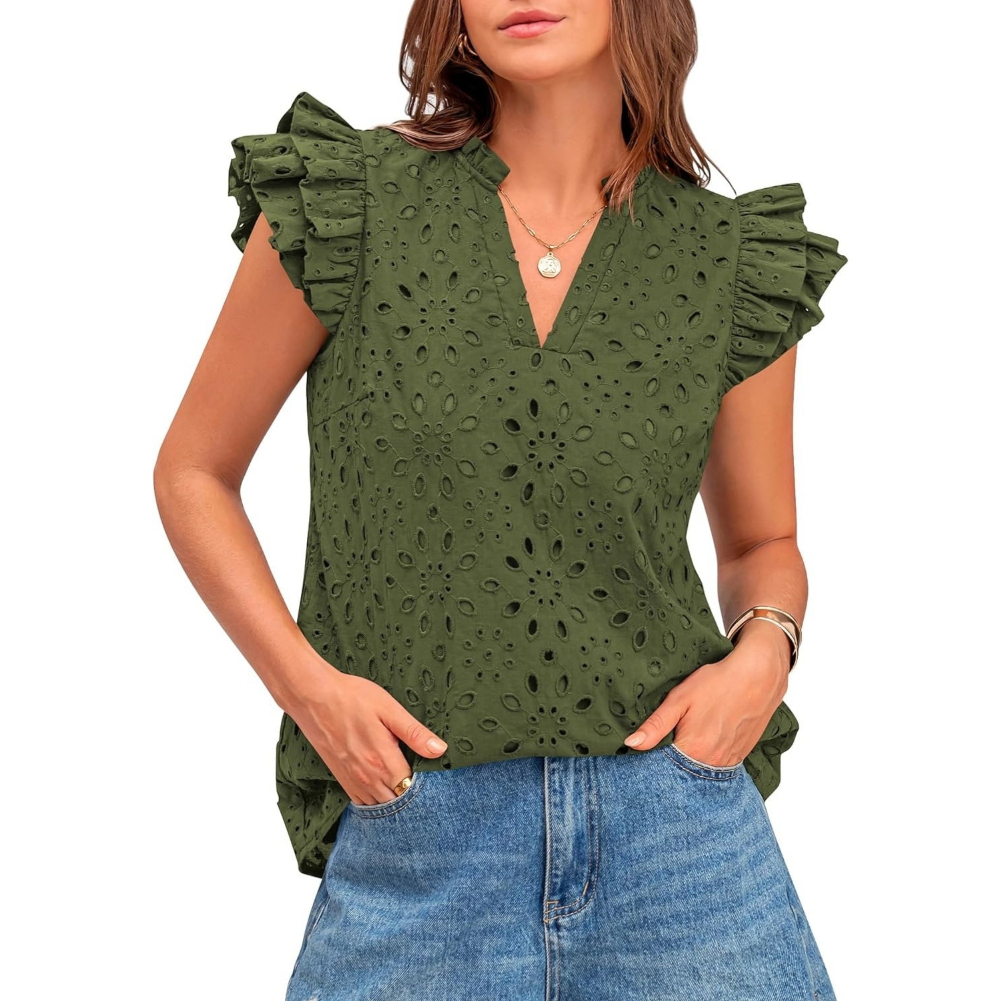 Embroidered Eyelet Tops Ruffle Sleeve Everyday Casual Style