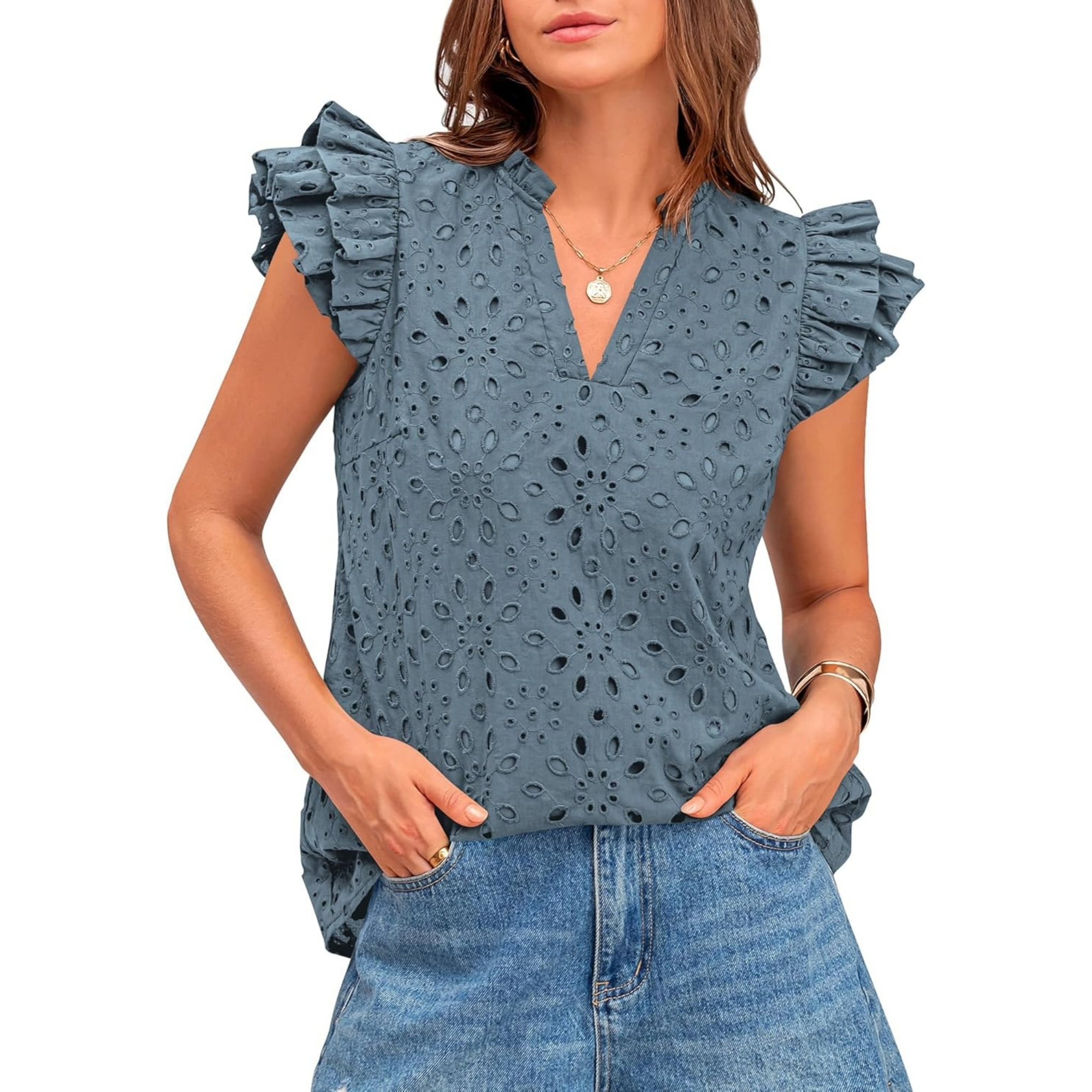 Embroidered Eyelet Tops Ruffle Sleeve Everyday Casual Style