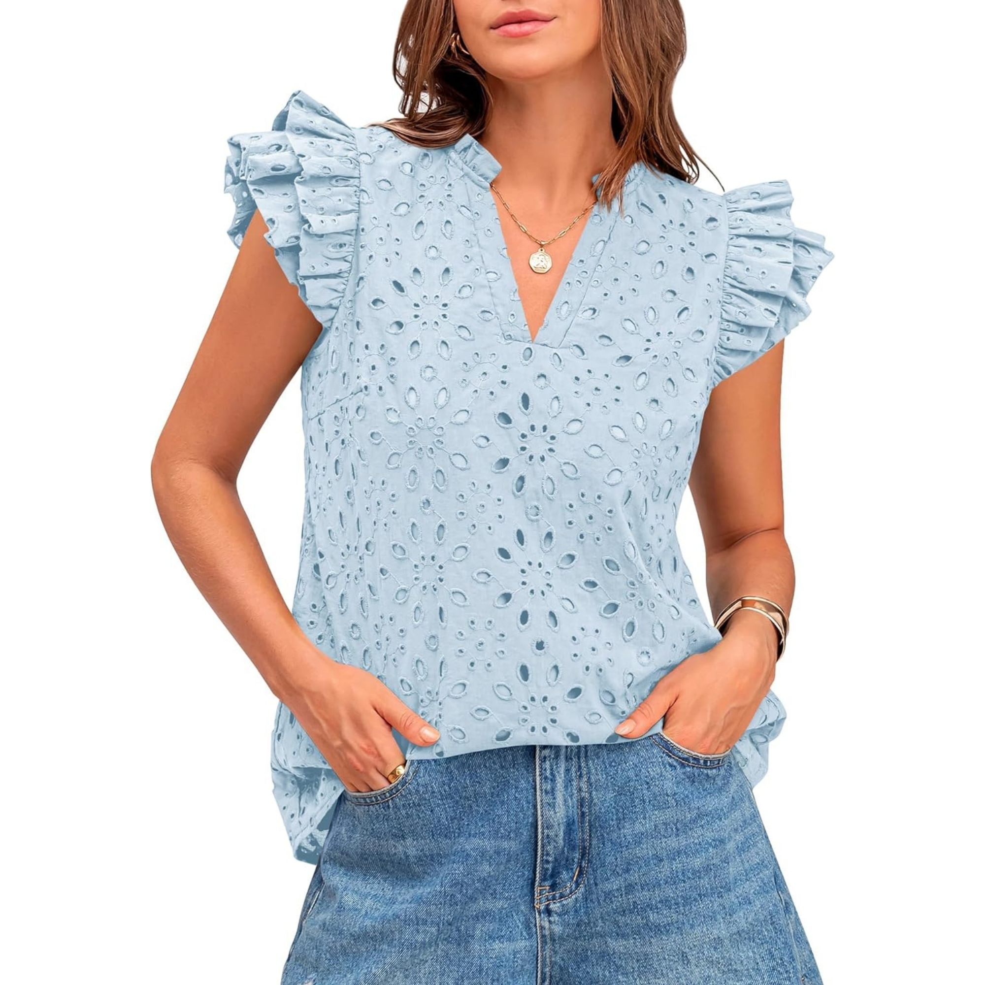 Embroidered Eyelet Tops Ruffle Sleeve Everyday Casual Style