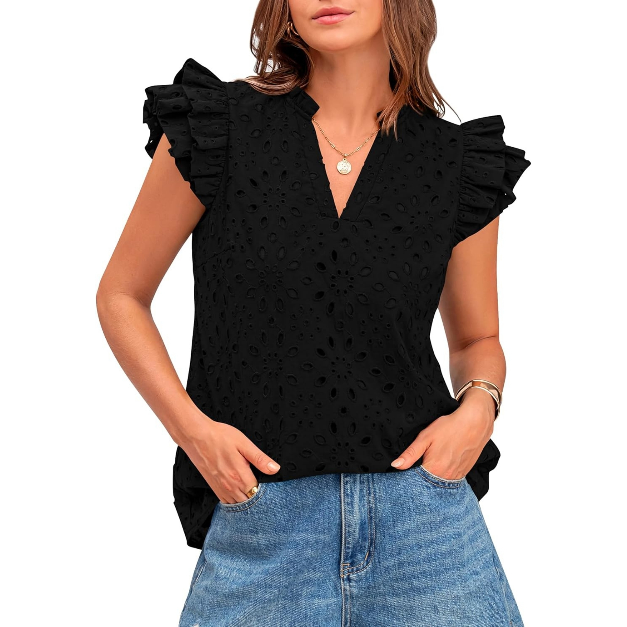 Embroidered Eyelet Tops Ruffle Sleeve Everyday Casual Style