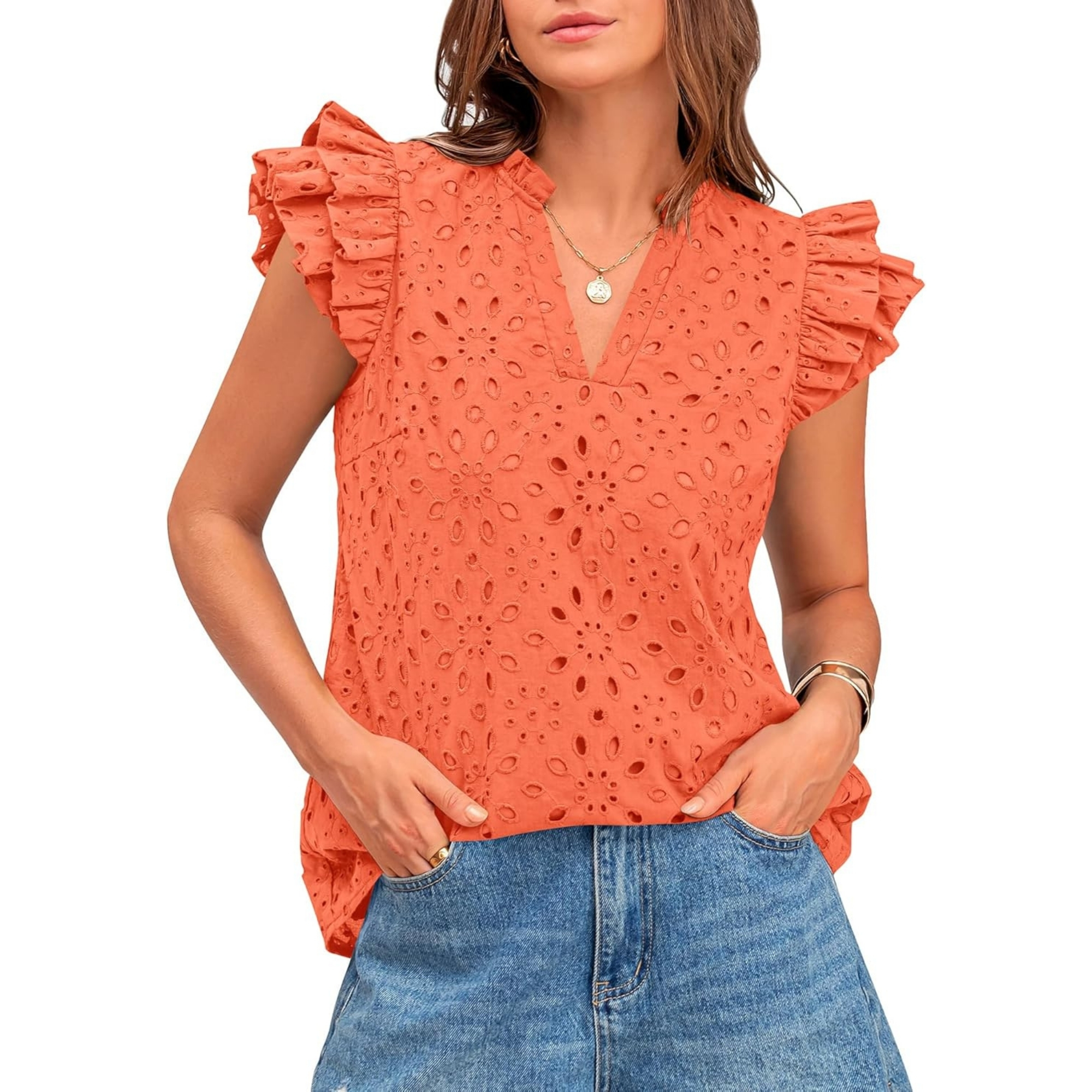 Embroidered Eyelet Tops Ruffle Sleeve Everyday Casual Style