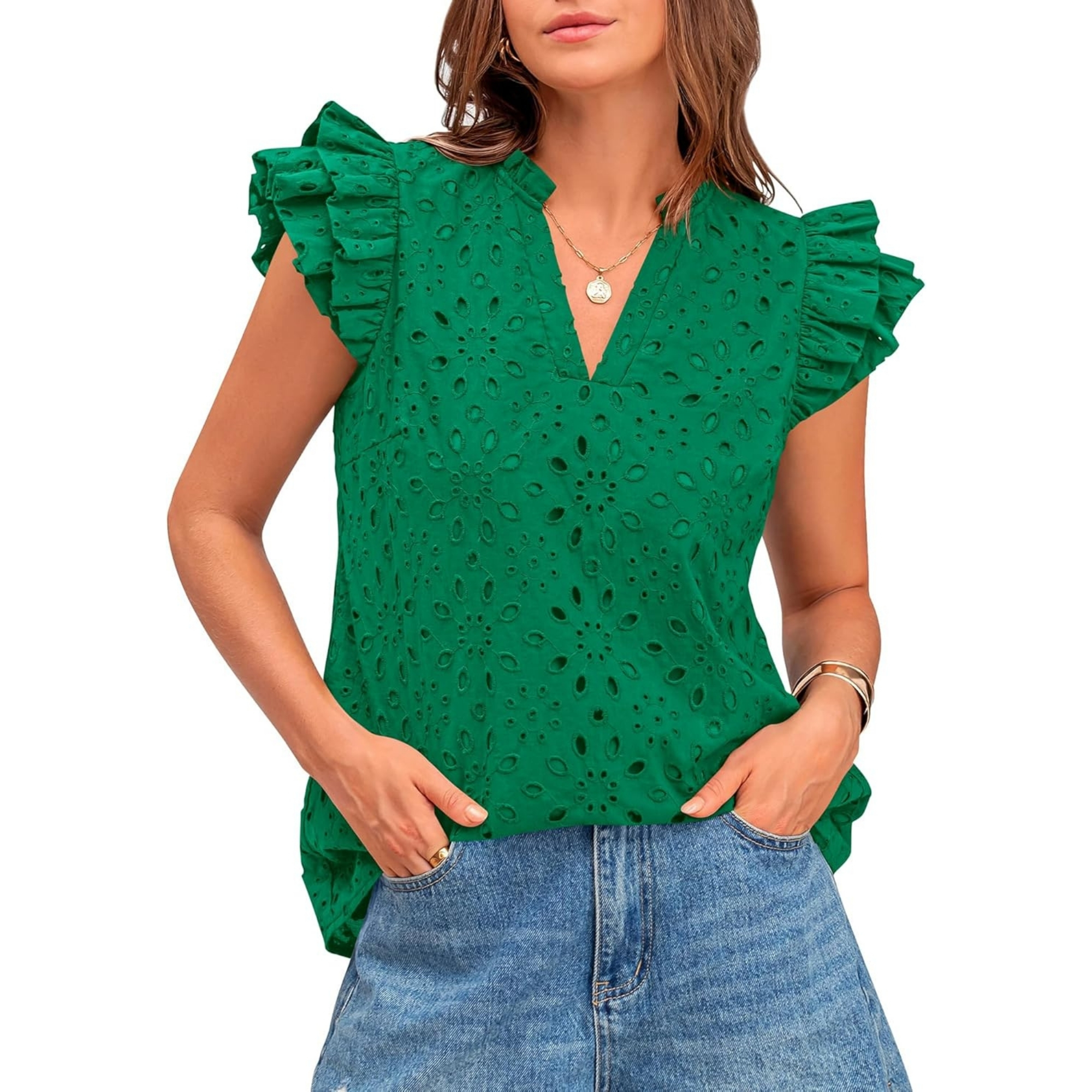 Embroidered Eyelet Tops Ruffle Sleeve Everyday Casual Style