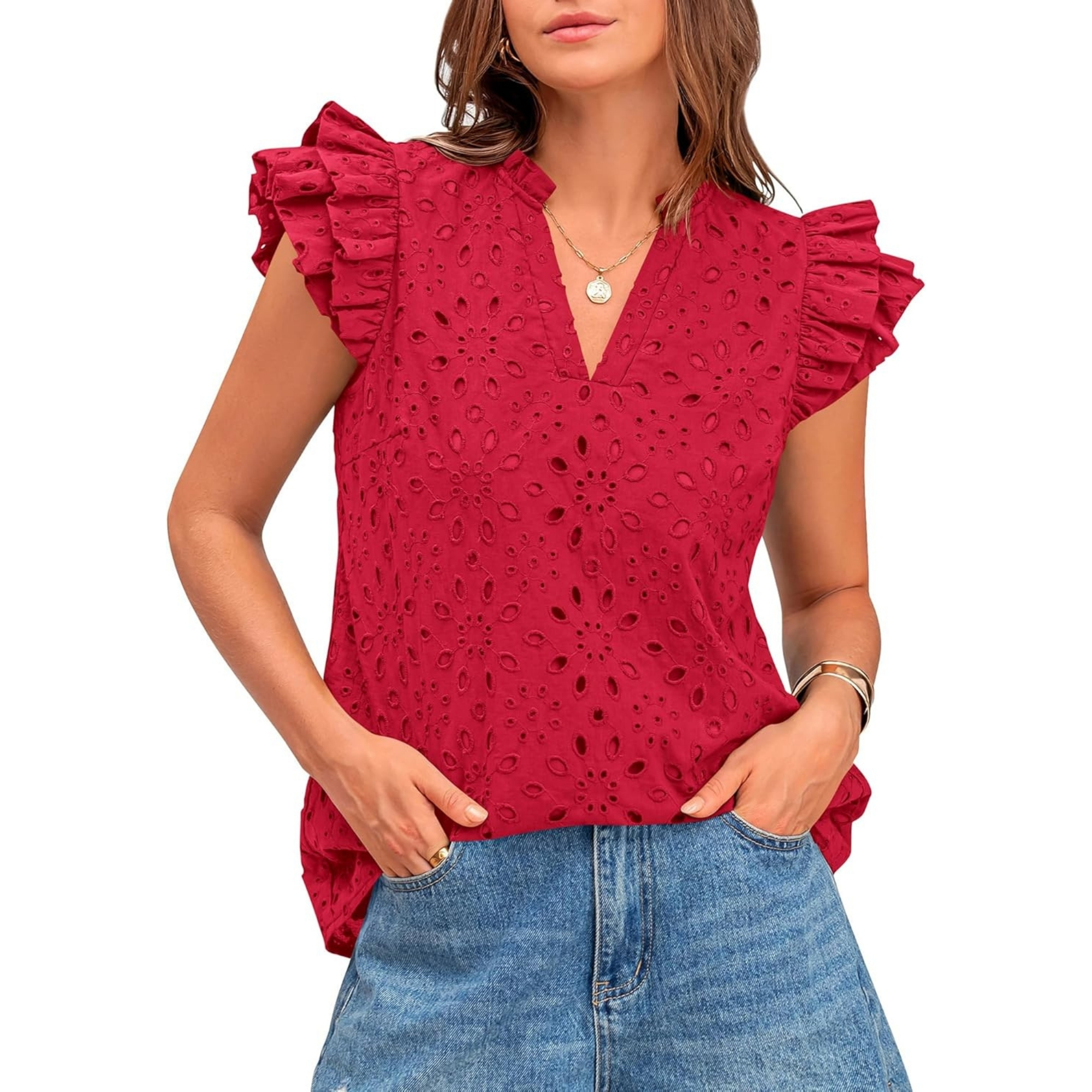 Embroidered Eyelet Tops Ruffle Sleeve Everyday Casual Style