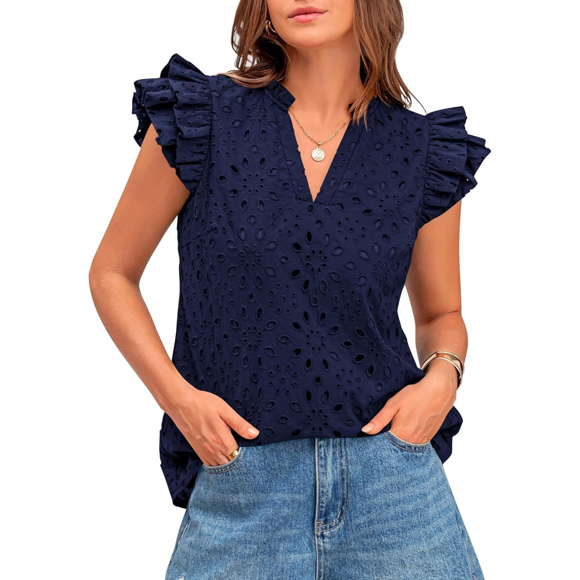 Embroidered Eyelet Tops Ruffle Sleeve Everyday Casual Style