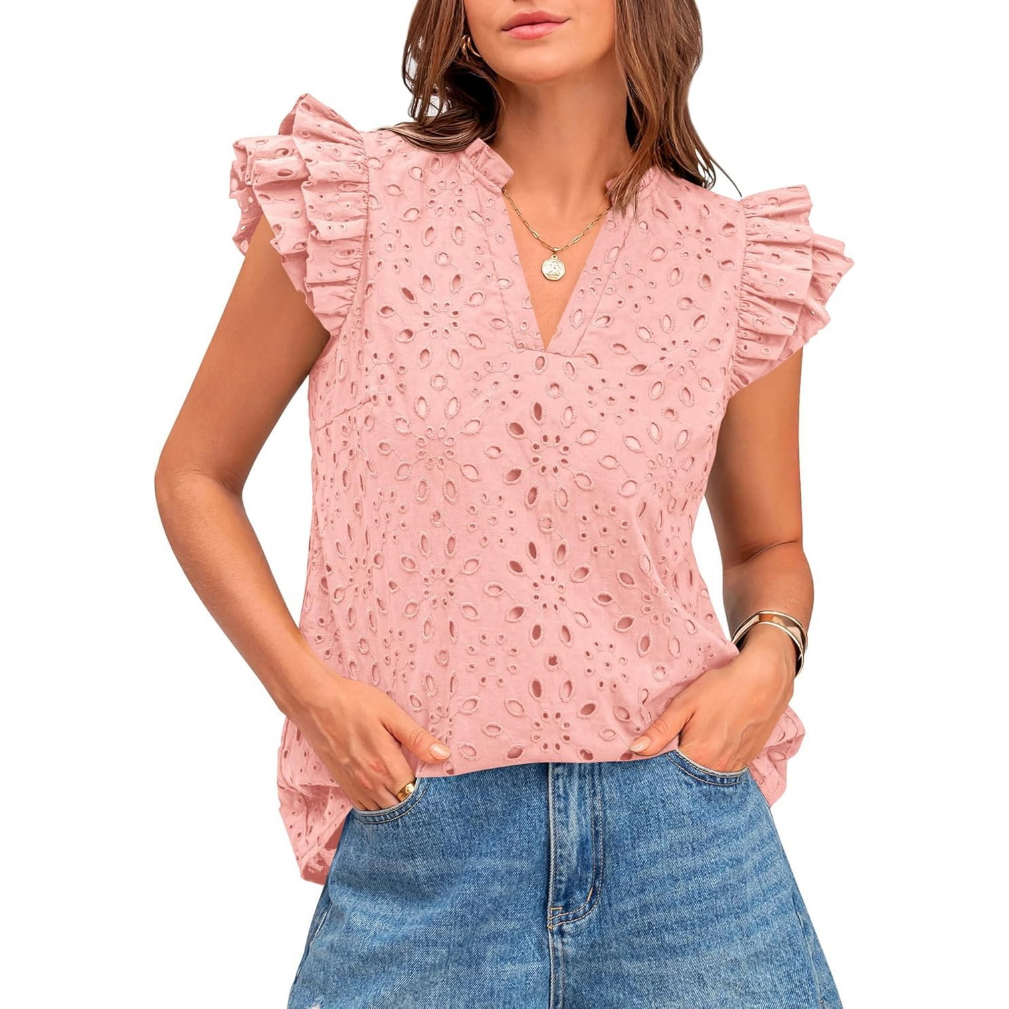 Embroidered Eyelet Tops Ruffle Sleeve Everyday Casual Style
